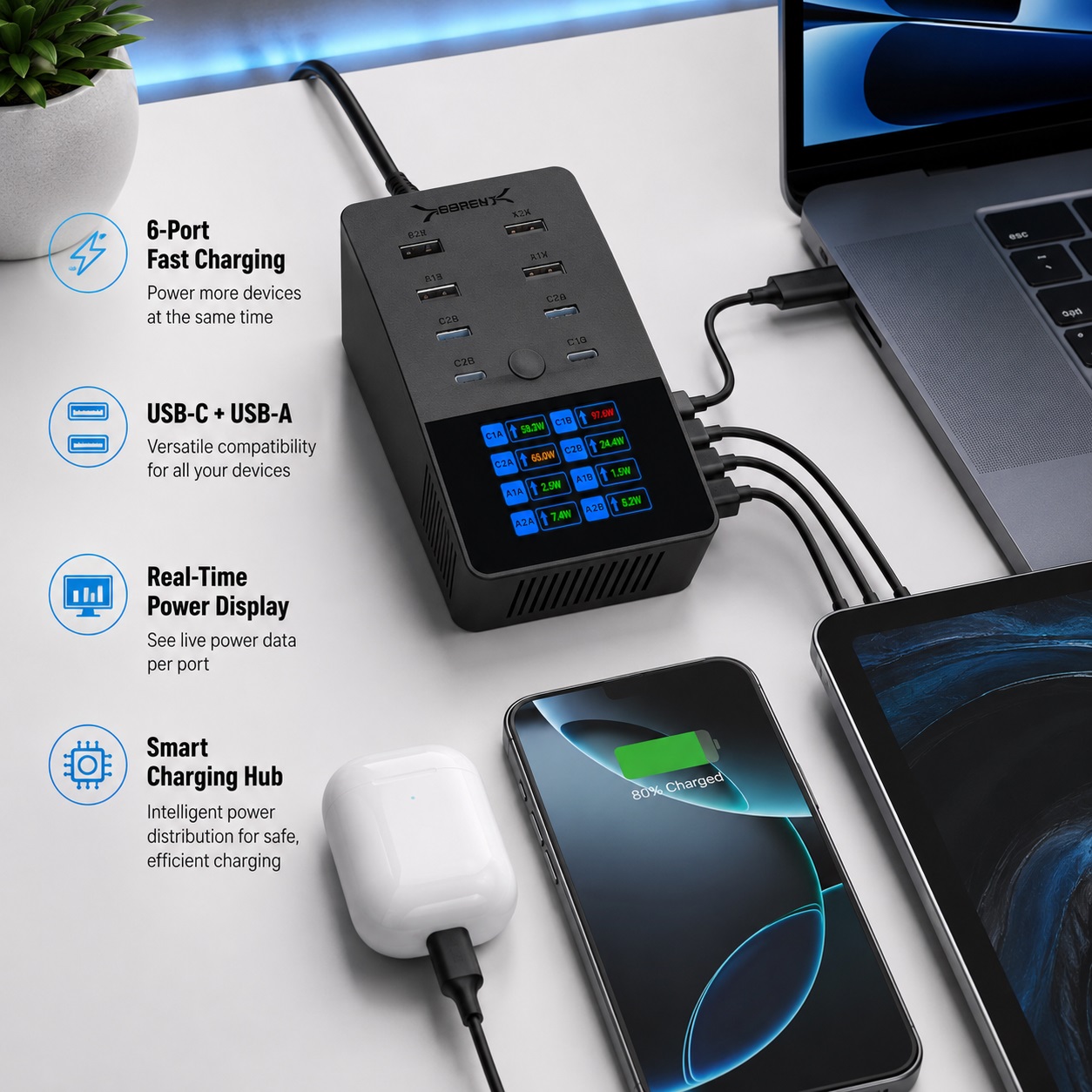 SABRENT multi-port charging hub with USB-C and USB-A ports featuring a real-time power display, charging multiple devices including smartphones and tablets on a modern workspace.