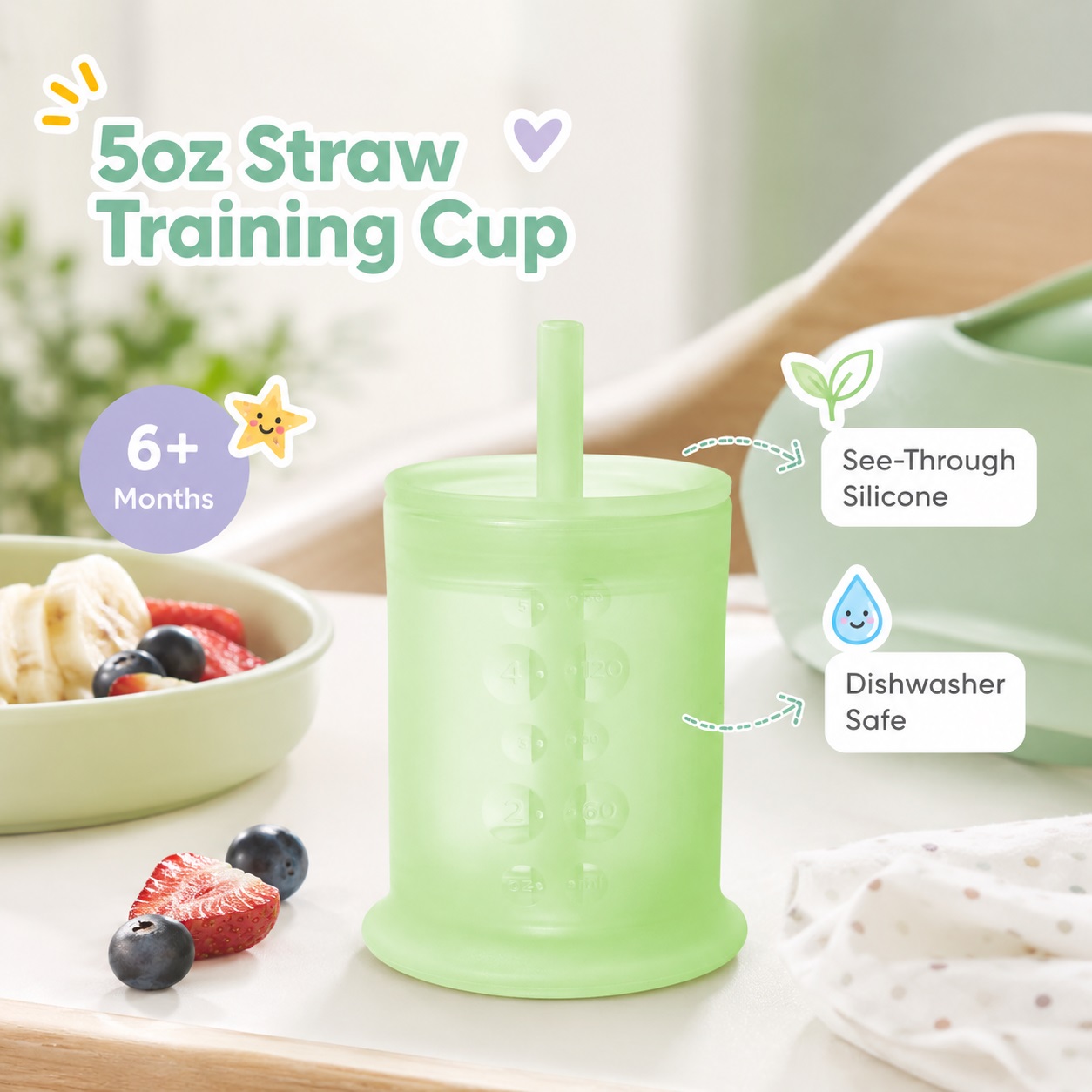 Olababy 5oz silicone straw training cup displayed in a baby feeding scene, featuring a translucent green cup design, straw system, measurement markings, 6+ months suitability, and soft silicone construction.