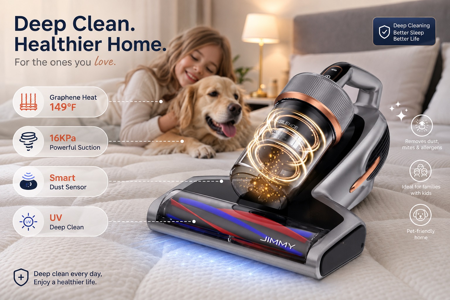 JIMMY BX7 Pro Max graphene mattress vacuum cleaner in a cozy bedroom setting, featuring a gray body with copper accents. The image highlights graphene heating technology up to 149°F, 16KPa powerful suction, smart dust sensor detection, and UV deep cleaning for a healthier home environment.