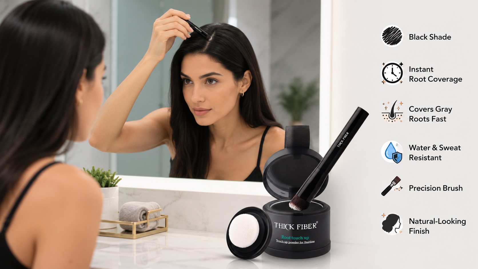 THICK FIBER Black Root Touch Up Powder showcased with an open compact, precision brush, and applicator puff. A woman uses the product in front of a bathroom mirror, with feature callouts highlighting black shade, instant root coverage, gray root concealment, water and sweat resistance, precision application, and a natural finish.