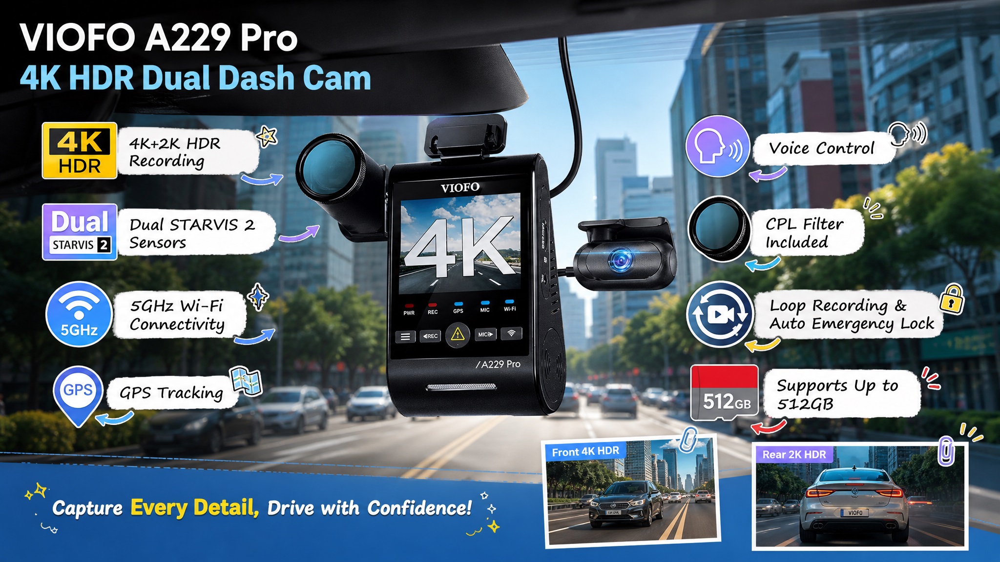 VIOFO A229 Pro 4K HDR dual dash cam feature image highlighting 4K+2K HDR recording, dual STARVIS 2 sensors, 5GHz Wi-Fi connectivity, GPS tracking, voice control, CPL filter support, loop recording, emergency lock, and up to 512GB storage. The product is displayed in a realistic urban driving environment with feature callouts.