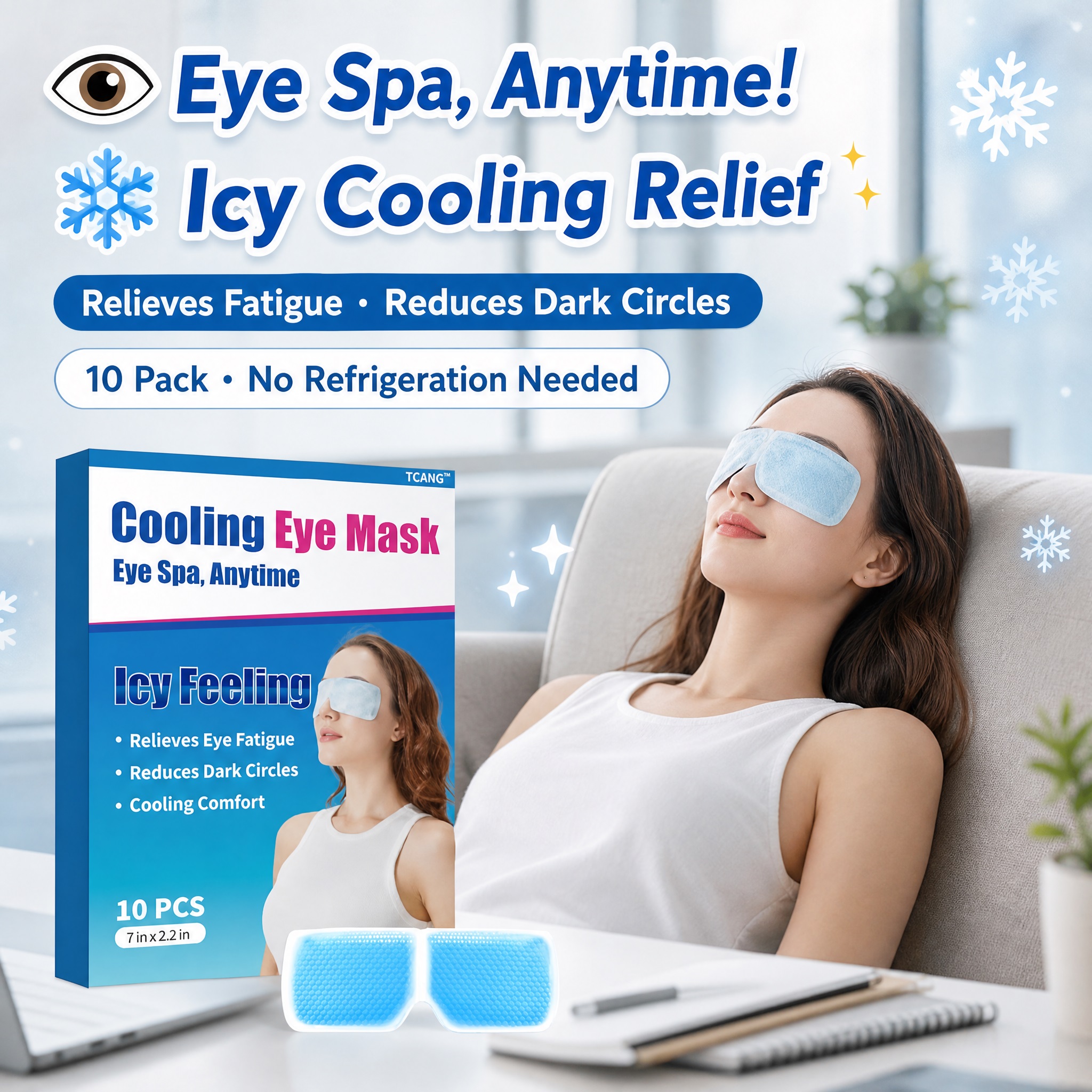 TCANG disposable cooling eye mask lifestyle image showing a woman relaxing indoors while wearing a cooling gel eye patch. The image emphasizes refreshing eye comfort, eye fatigue relief, reduced dark circles, no refrigeration needed, and a 10-pack design.