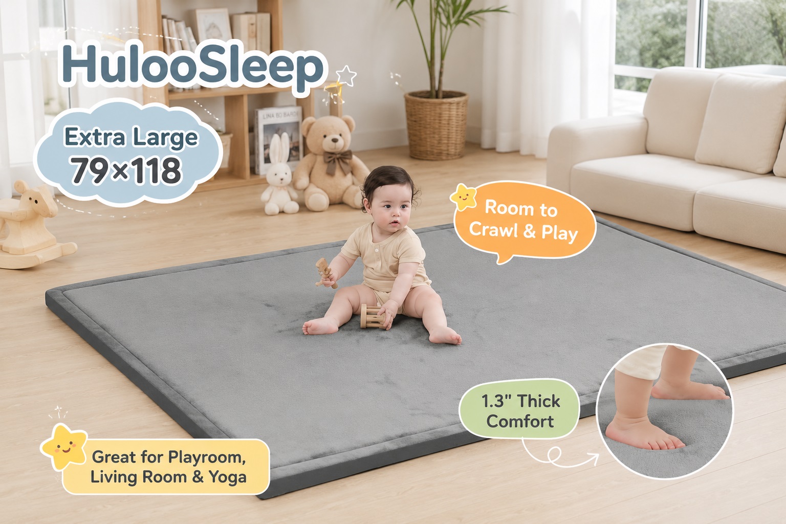A baby sitting on a HulooSleep 79x118 extra-large grey play mat holding a wooden toy. Callouts emphasize room to crawl and play, 1.3-inch thick comfort, and its suitability for playrooms, living rooms, and yoga.