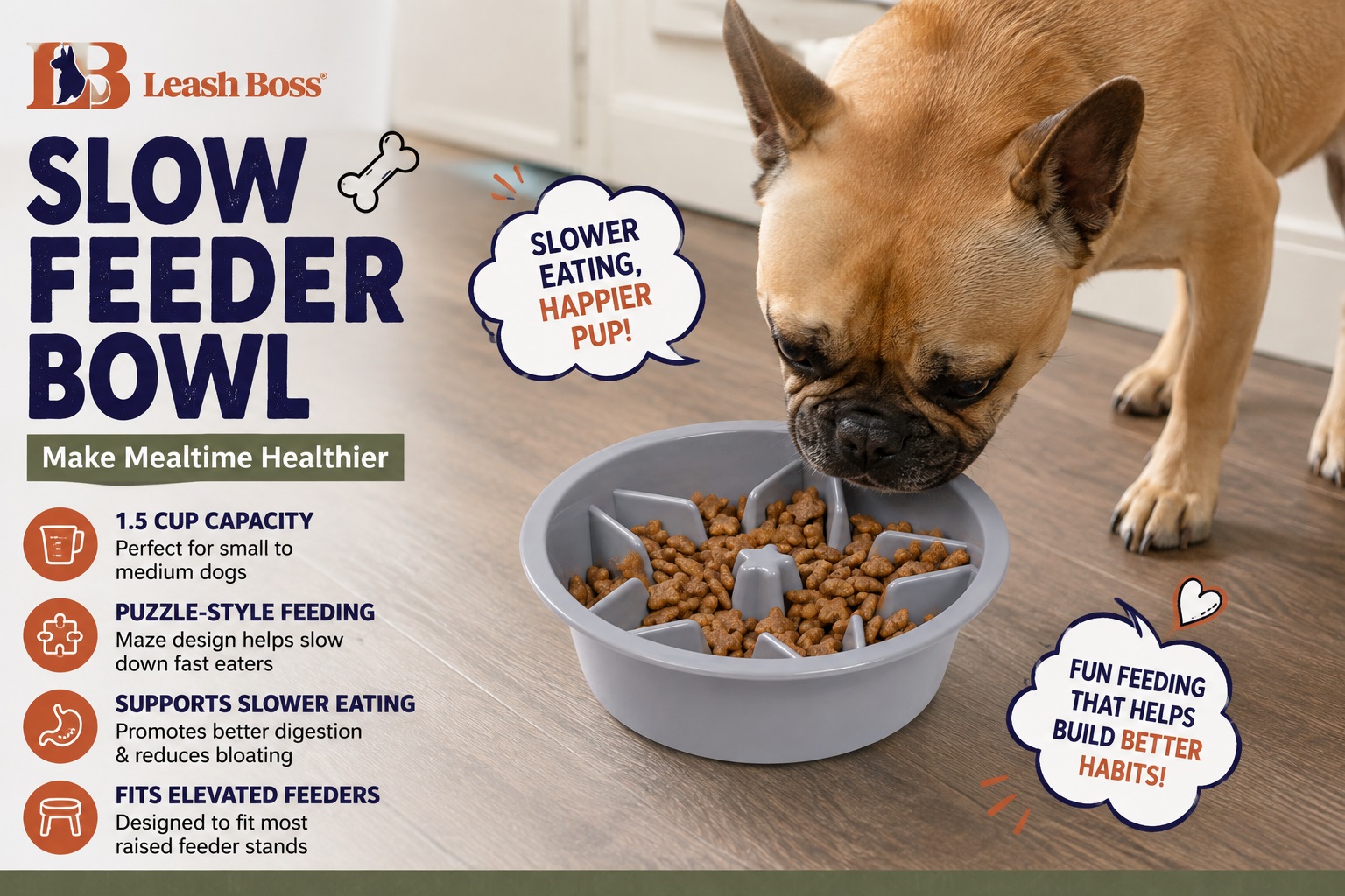 Leash Boss gray 1.5-cup slow feeder bowl used by a small dog. The puzzle-style maze design encourages slower eating and is shown as suitable for small to medium dogs and compatible with elevated feeders.