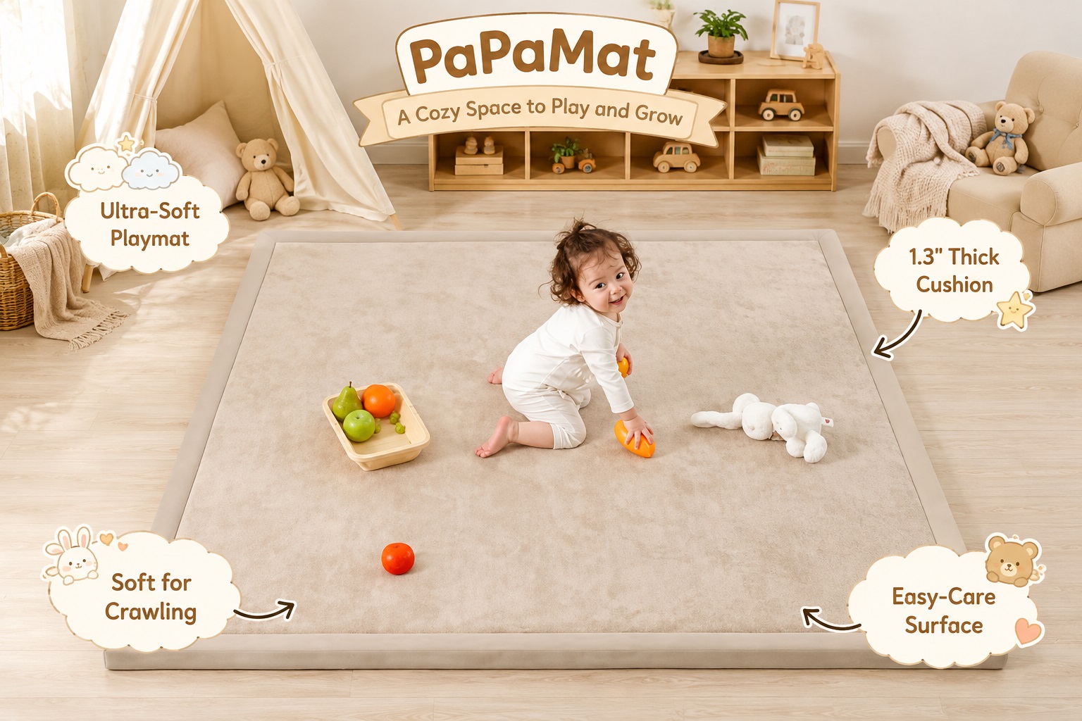 PaPaMat beige ultra-soft play mat in a cozy nursery with a toddler crawling and playing with toy fruit. Features include a 1.3-inch thick cushion, soft crawling surface, and easy-care design.