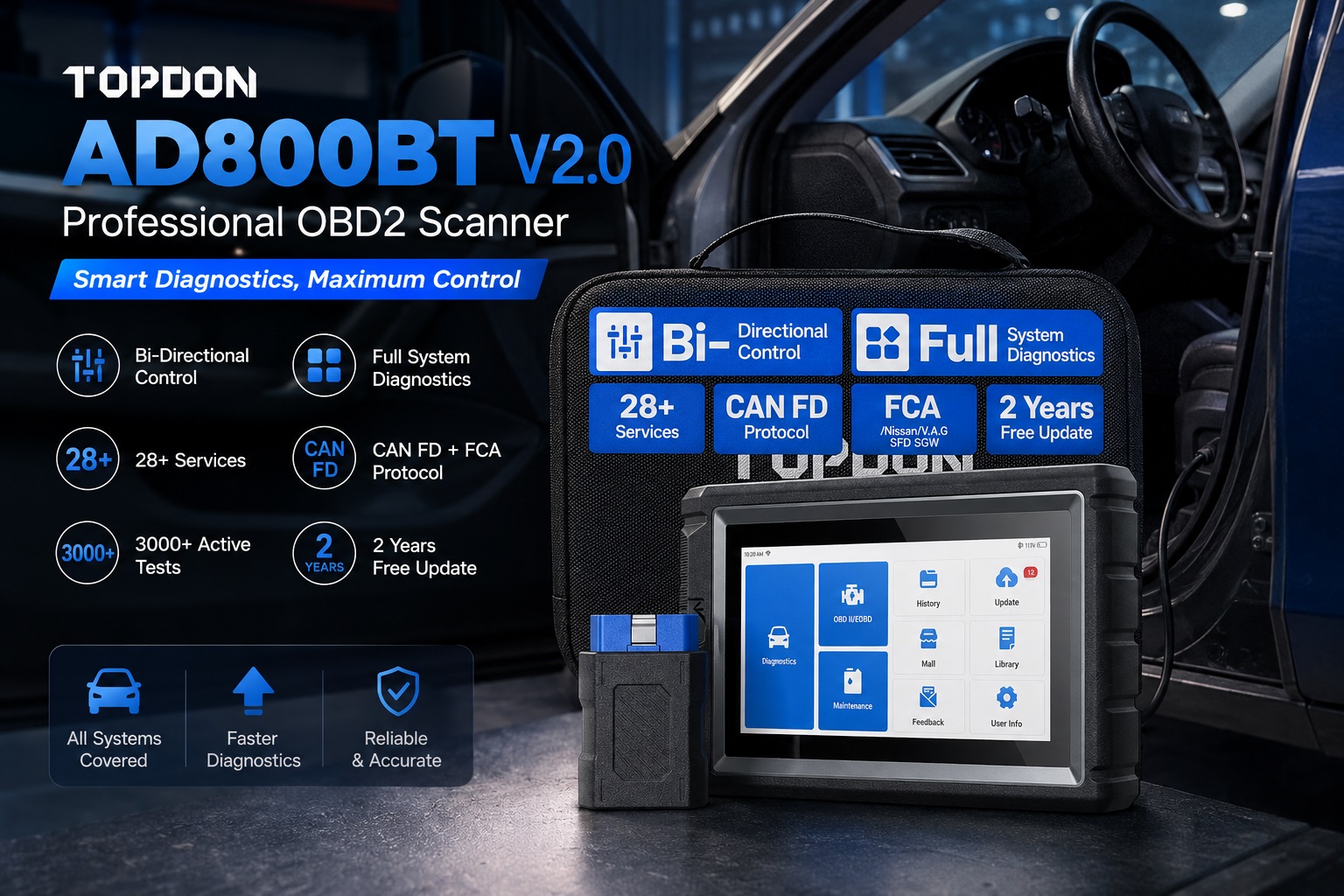 TOPDON AD800BT V2.0 OBD2 diagnostic scanner with carrying case and connector in a vehicle workshop, featuring bi-directional control, full-system diagnostics, 28+ services, CAN FD, FCA support and active tests.