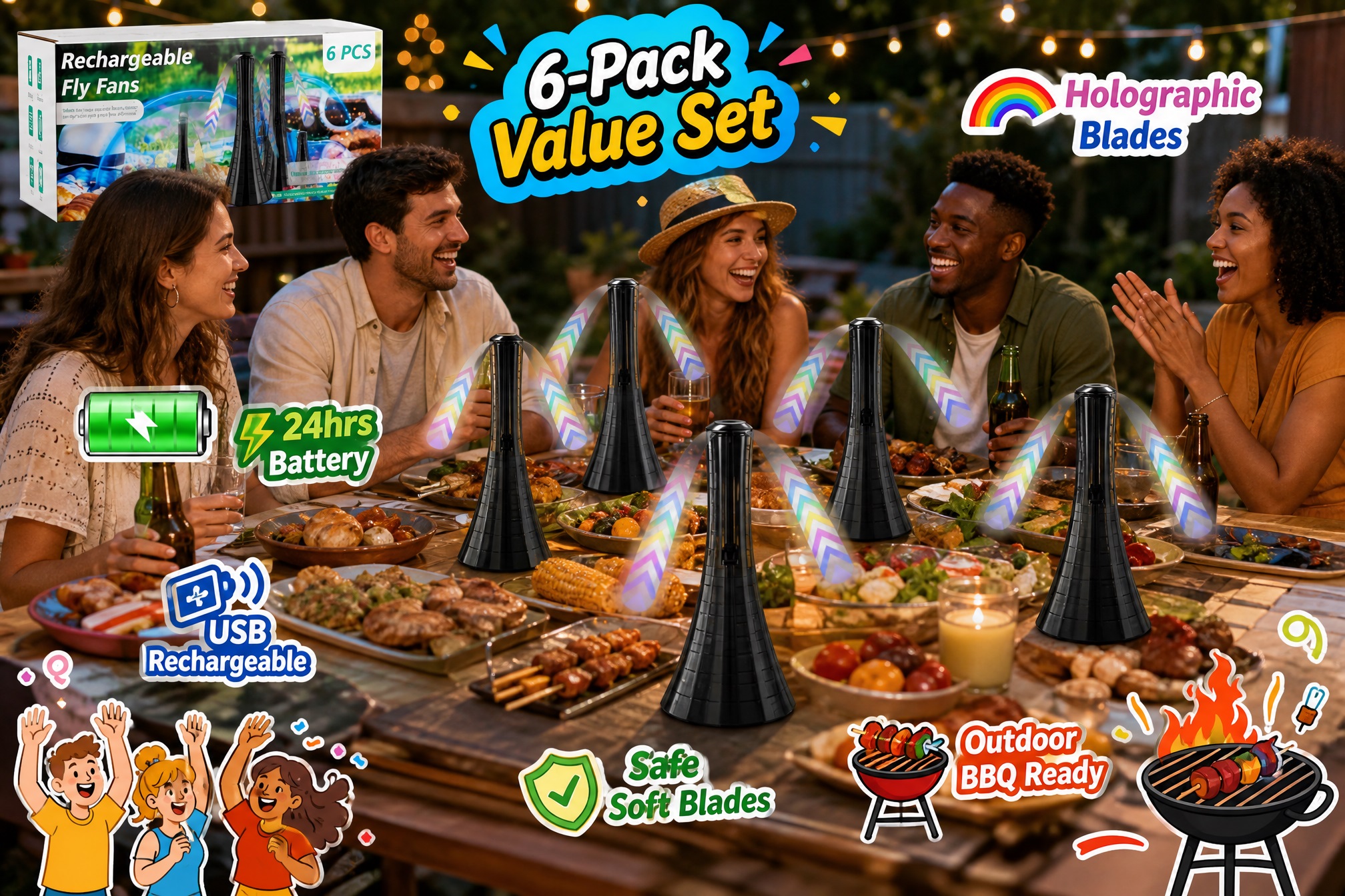 Six rechargeable fly fans arranged across an outdoor BBQ table with friends, highlighting holographic soft blades, USB rechargeable design, up to 24-hour battery life, and a 6-pack setup for larger gatherings.