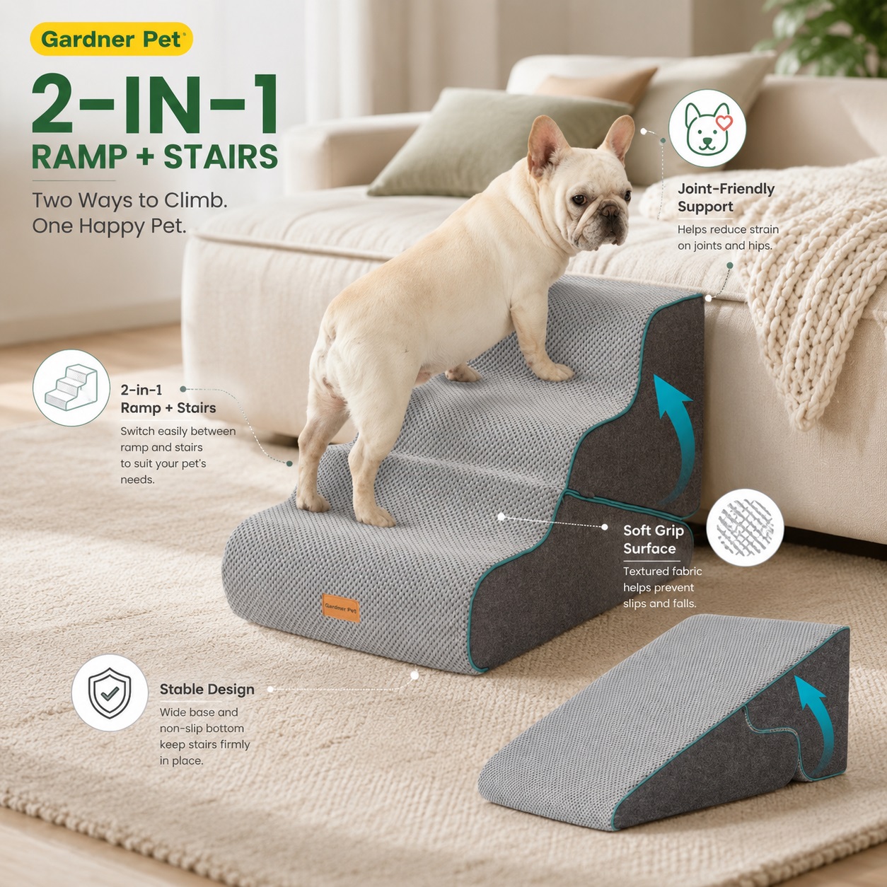 Gardner Pet 2-in-1 pet stairs and ramp shown in a cozy living room with a French bulldog using the gray textured steps. The image showcases joint-friendly support, non-slip surface, stable design, and flexible ramp conversion.