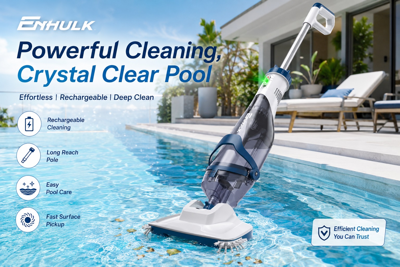ENHULK rechargeable pool vacuum cleaner with wide brush head clearing leaves and debris from pool floor.