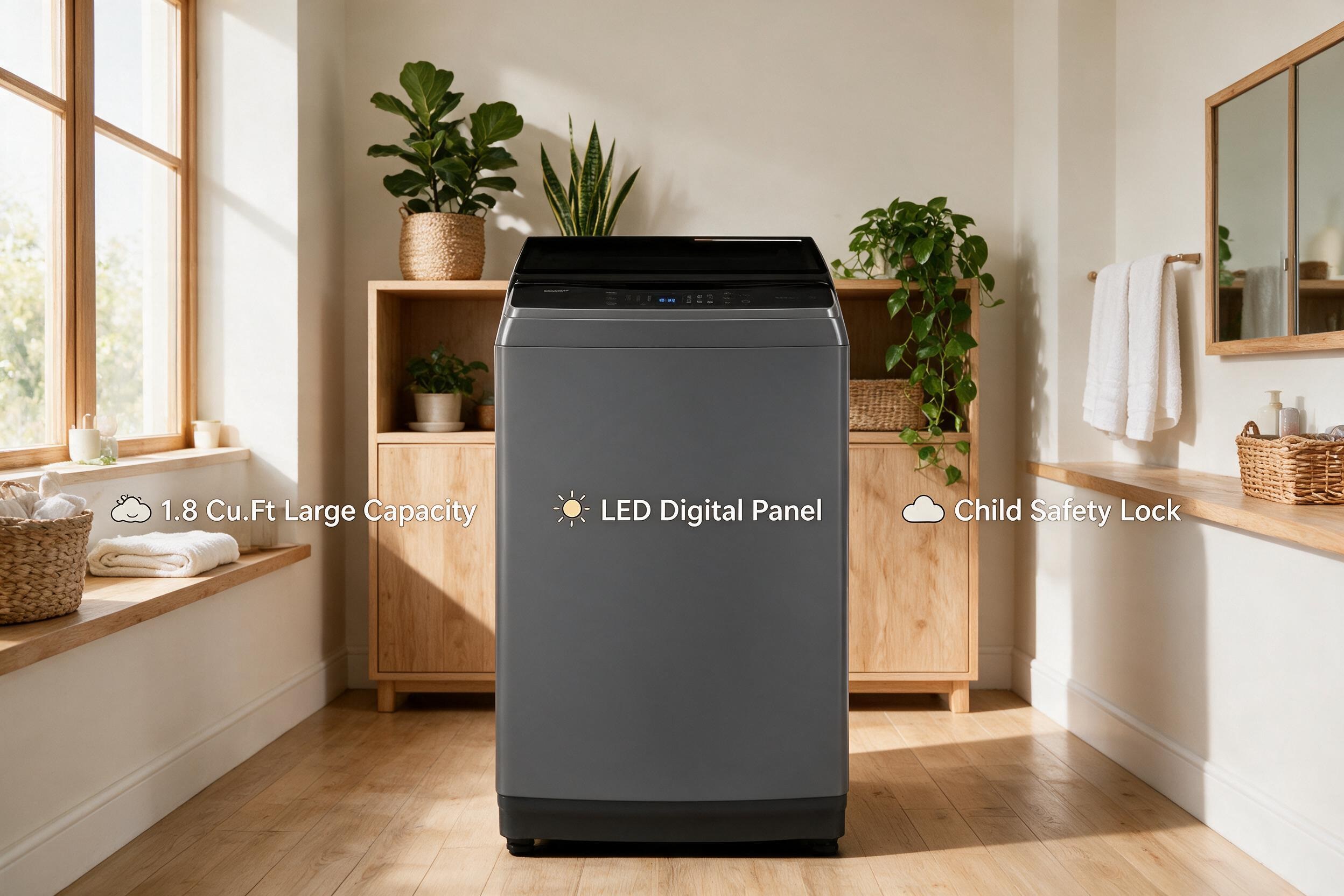 Front view of a dark grey portable washing machine in a well-lit room with plants, featuring text callouts for its 1.8 Cu.Ft large capacity, LED digital panel, and child safety lock.