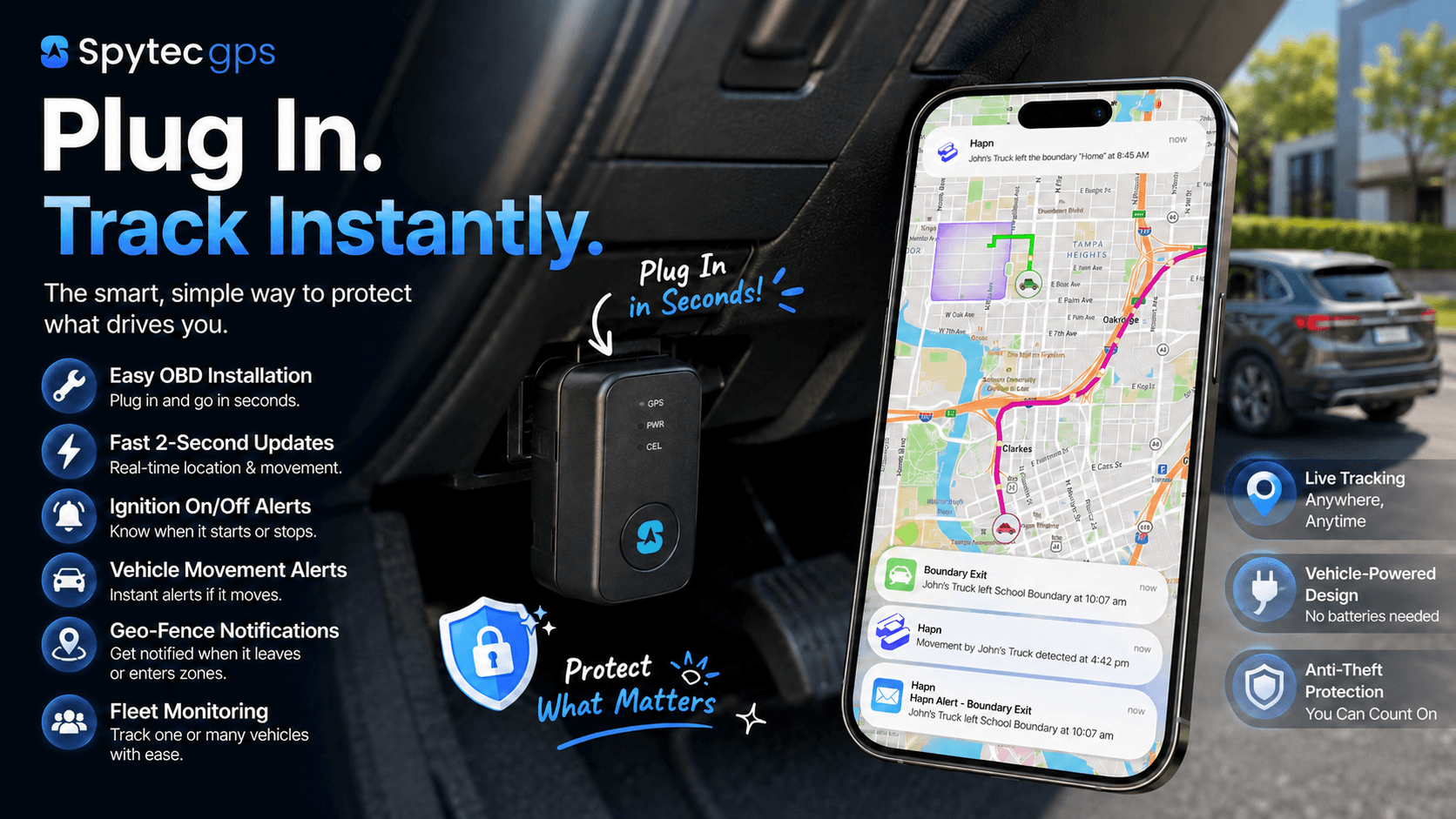 A marketing image for Spytec GPS long-term trackers, titled "Long-Term GPS Tracking, Simplified" with the subtitle "Reliable. Rechargeable. Built to last." The image features a black Spytec Atlas GPS tracker magnetically attached to the side of a silver camper trailer or RV. Background elements include a pickup truck, the camper, and outdoor rural landscape. Next to it is a smartphone displaying a detailed route history map interface and text list. Key feature icons and text are listed on the left, including Up to 12-Month Battery, Weatherproof Design, and Route History. A blue banner at the bottom reads "Set it. Forget it. Track it. Peace of mind for the long haul."