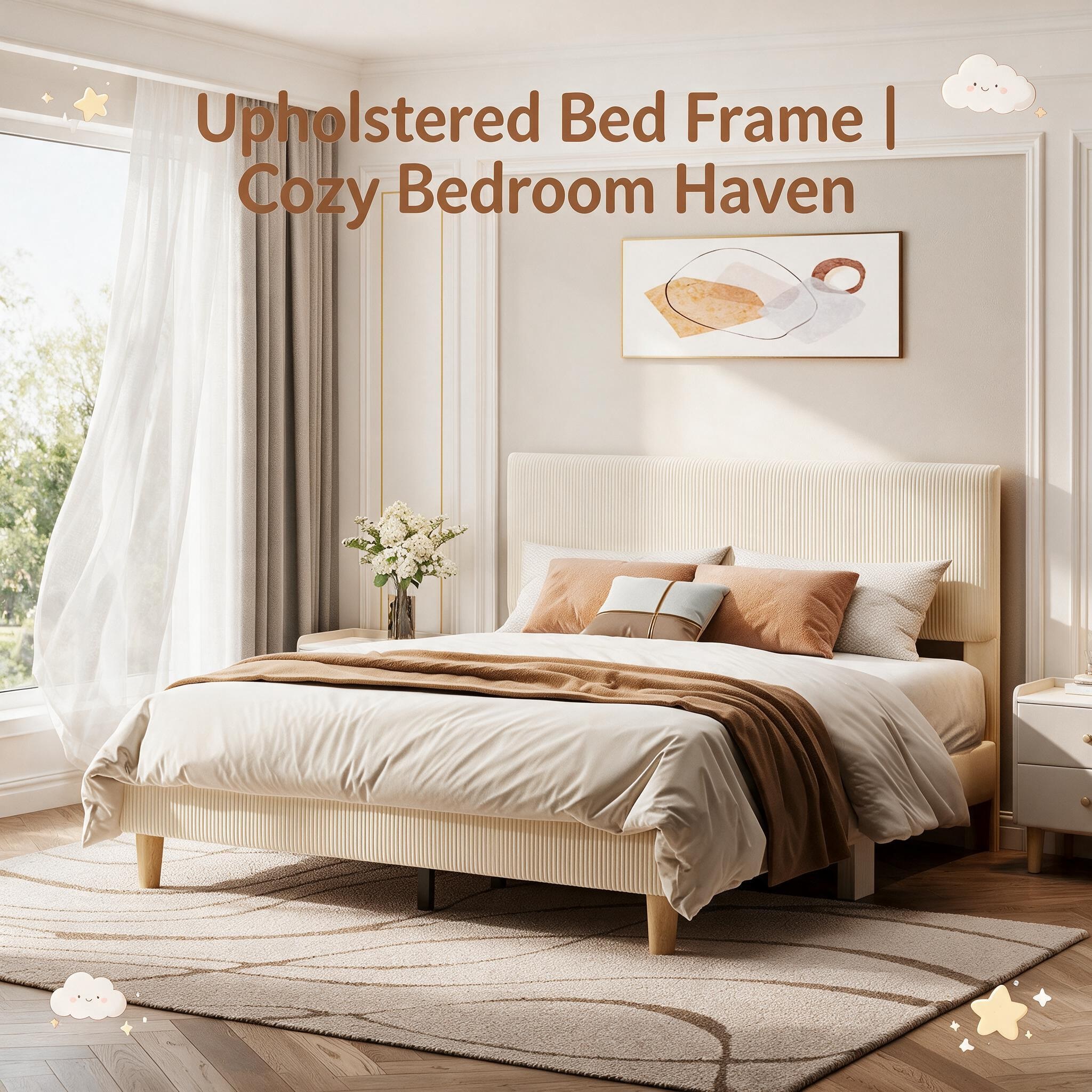 Bestier beige upholstered bed frame displayed in a cozy bedroom setting, featuring a vertical channel headboard design, soft textures, natural lighting, and modern minimalist decor for a relaxing sleep environment.