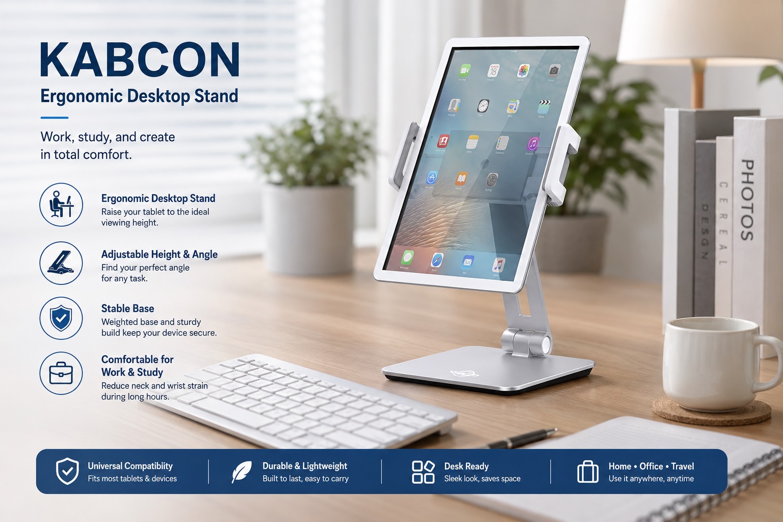 KABCON ergonomic desktop tablet stand holding a tablet on a clean workspace. The adjustable height and angle design provides comfortable viewing, stable support, and an improved setup for work, study, and creative tasks.