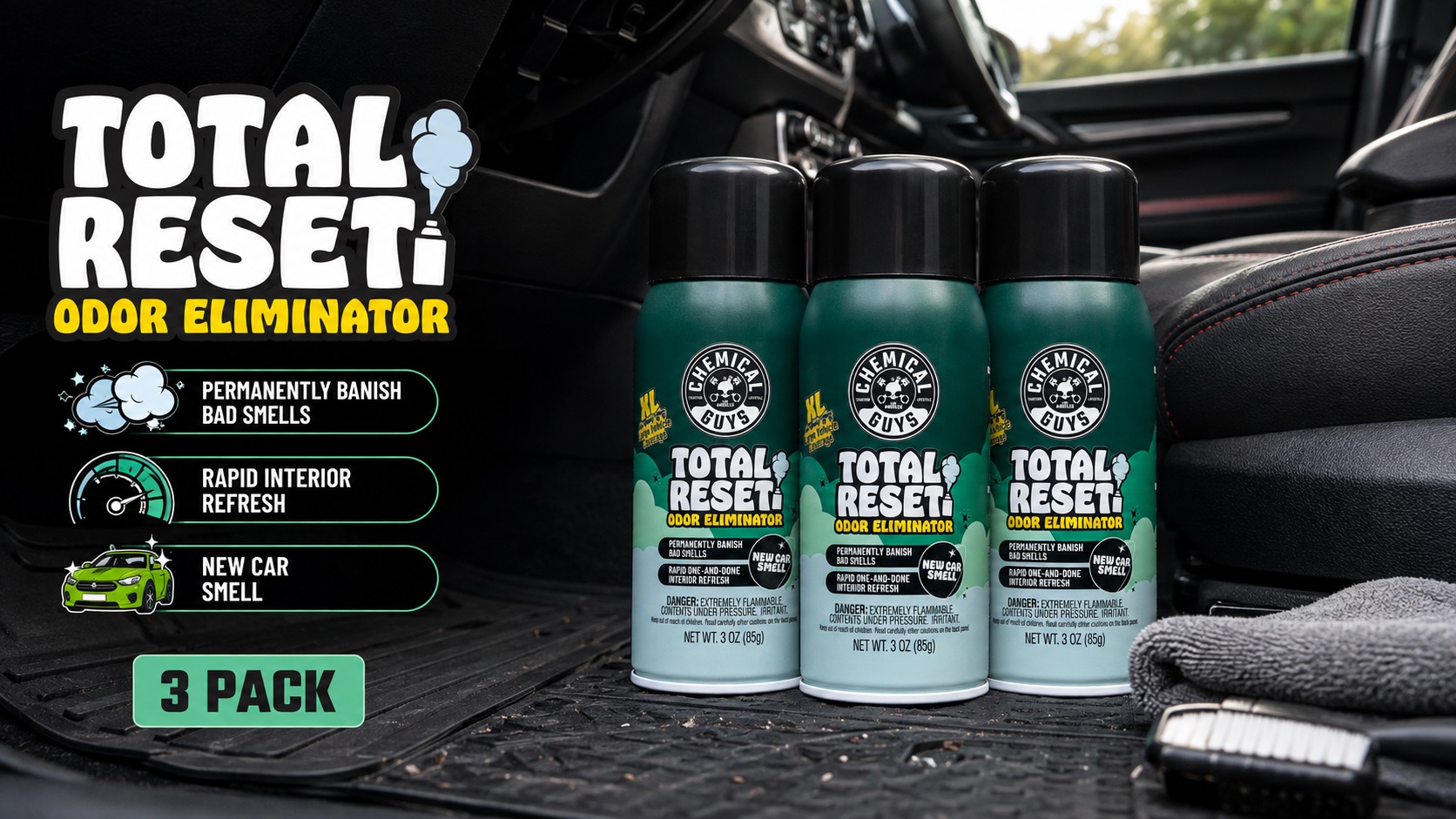 A 3-pack collection of Chemical Guys Total Reset Odor Eliminator cans with green bodies and black caps, sitting together on a textured black car floor mat with the interior of a vehicle visible behind them. Includes the title "TOTAL RESET" and feature icons.