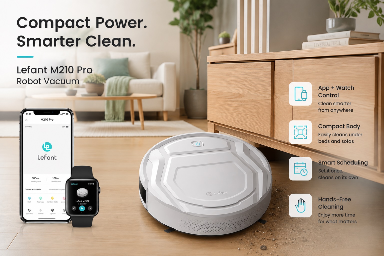 Lefant M210 Pro robot vacuum shown in a modern home environment, cleaning the floor with smartphone and smartwatch controls displayed nearby. The image emphasizes app and watch control, compact body design, smart scheduling, and hands-free cleaning.