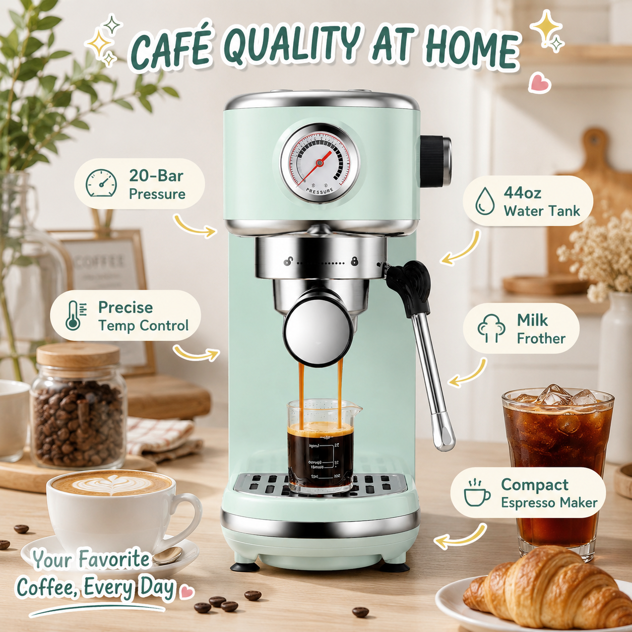 Mint green espresso machine brewing coffee on a cozy kitchen counter with latte, iced coffee and croissant, featuring callouts for 20-bar pressure, precise temperature control, 44oz water tank and milk frother.