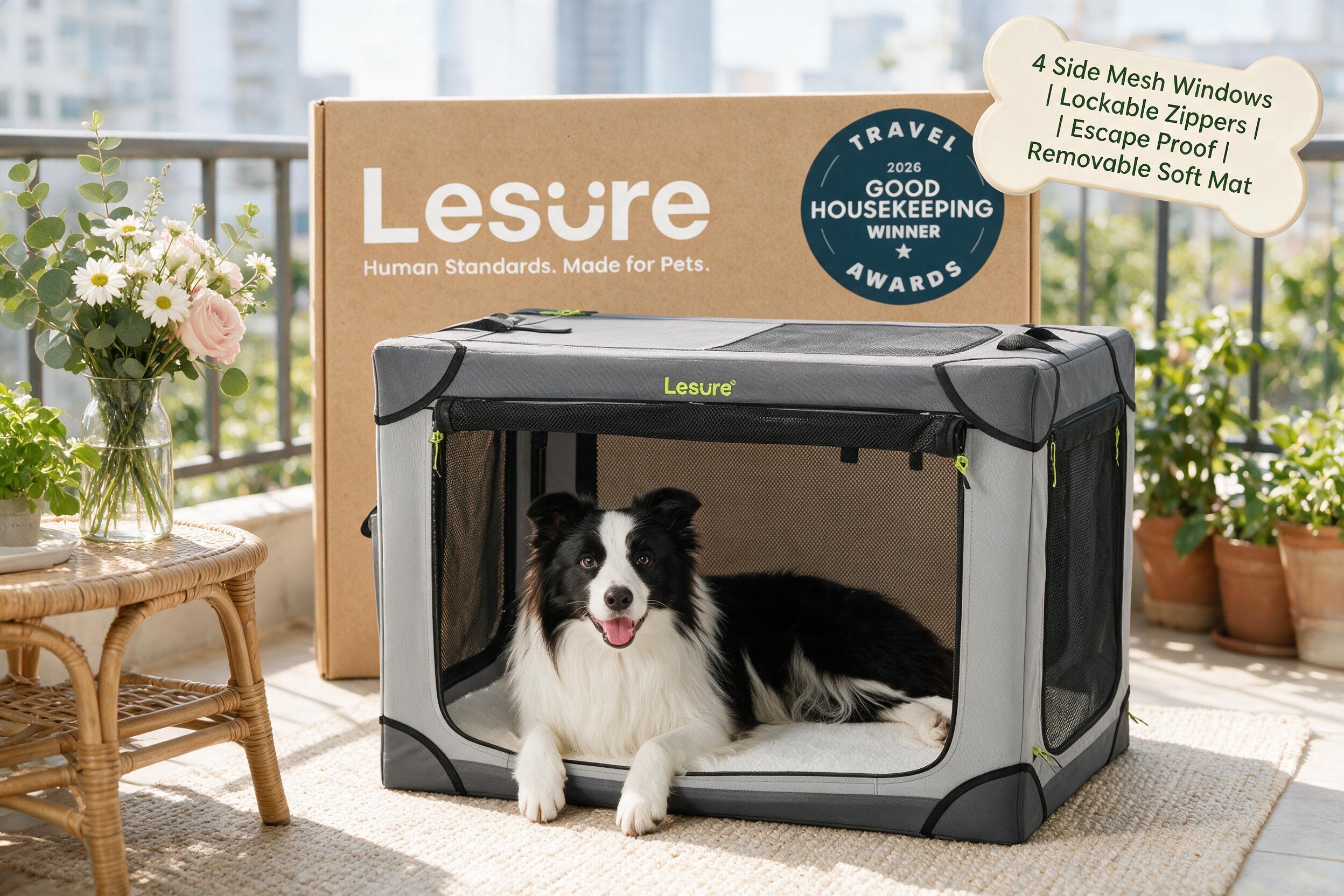 Lesure gray soft-sided pet crate placed on a bright balcony, featuring a border collie resting comfortably inside, showcasing four-side mesh windows, secure zipper design, removable mat, and stylish home-friendly appearance.