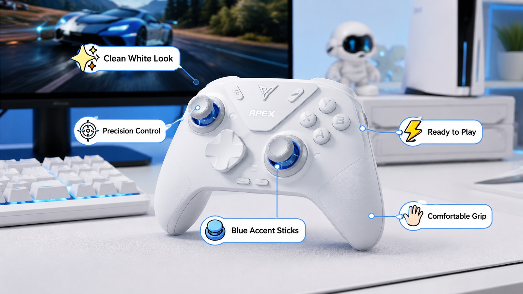 FLYDIGI white gaming controller displayed in a clean modern gaming setup, featuring a sleek white body, blue joystick accents, and ergonomic button layout. The image includes feature callouts highlighting Clean White Look, Precision Control, Blue Accent Sticks, Comfortable Grip, and Ready to Play.