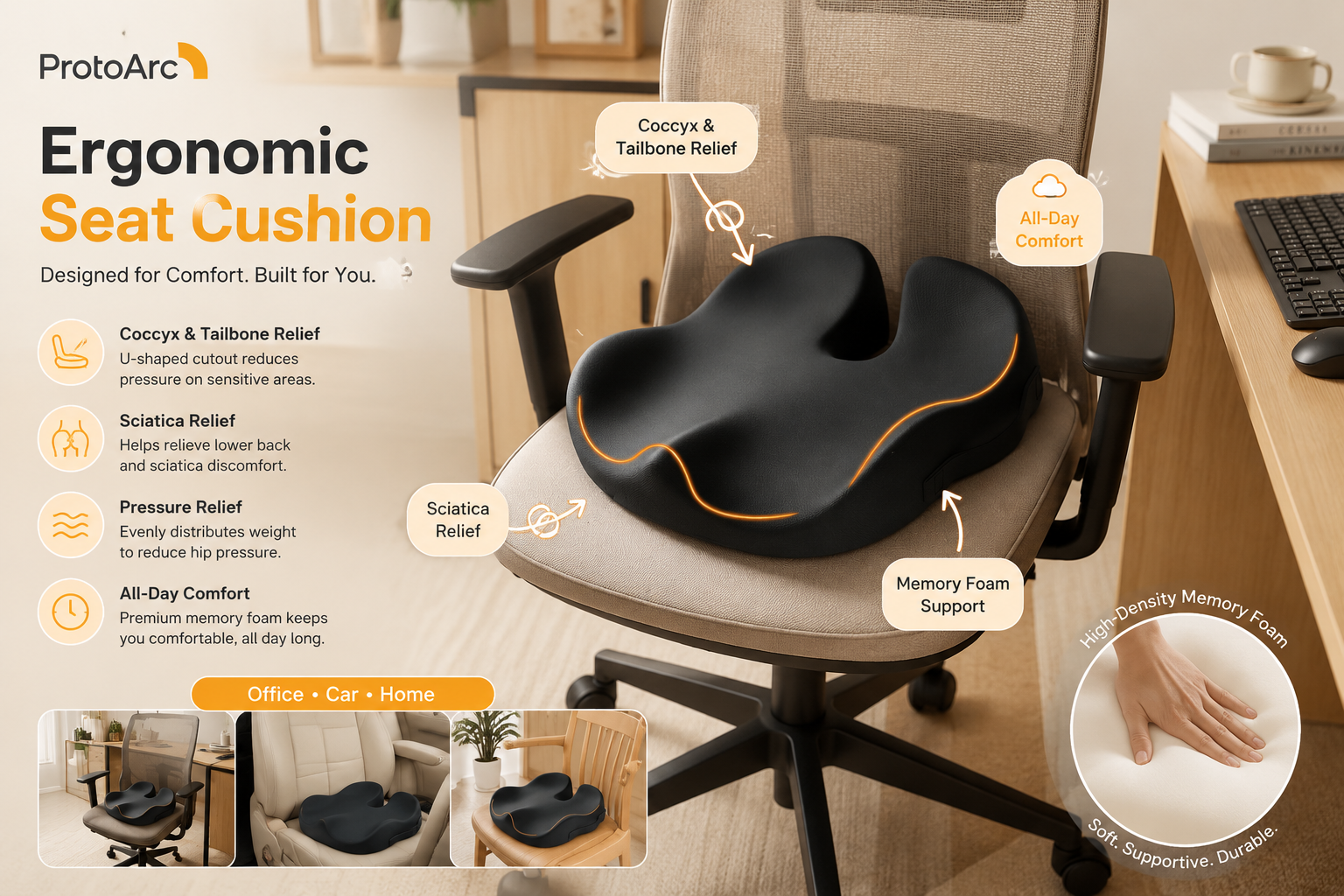 Black ProtoArc ergonomic memory foam seat cushion placed on an office chair, featuring orange contour accents and a coccyx cutout, with callouts for tailbone, hip and sciatica pressure relief, memory foam support, and all-day comfort.