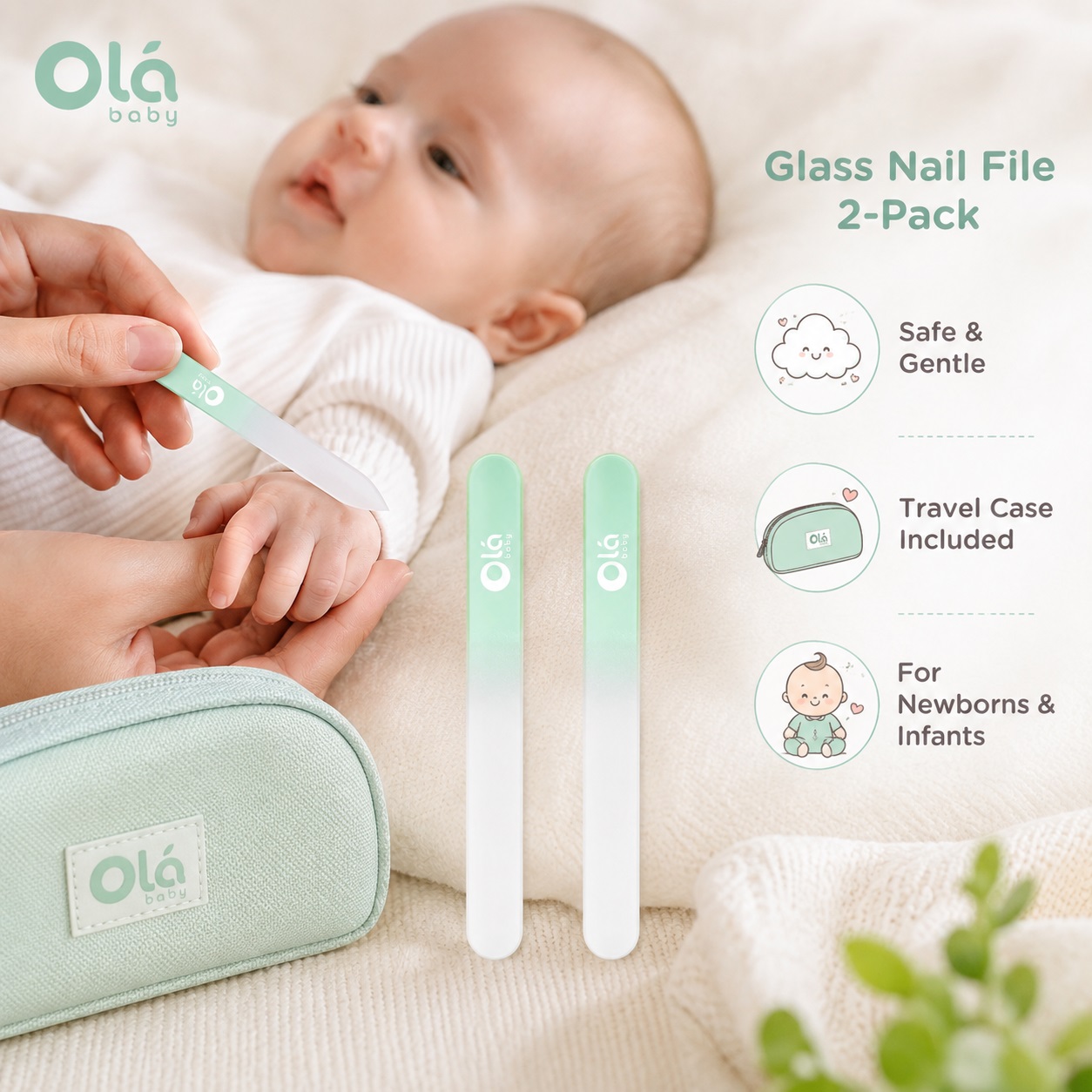 Olababy glass nail file 2-pack shown in a gentle newborn care scene, with mint gradient files and travel case highlighting safe grooming, soft care, and infant-friendly nail trimming design.