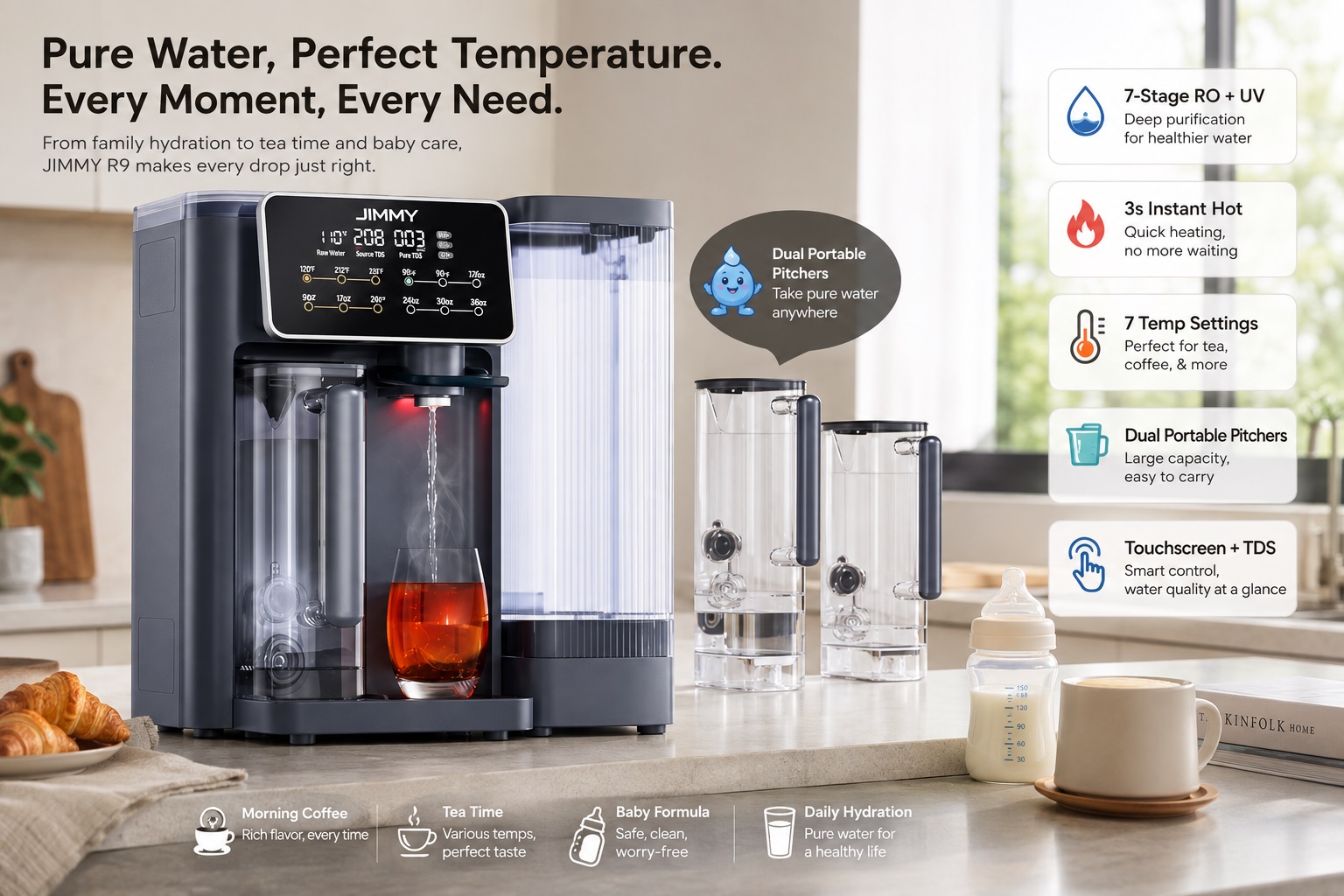 JIMMY R9 countertop reverse osmosis water filter in a modern kitchen scene, featuring a dark gray purifier with transparent water pitchers. The image showcases 7-stage RO + UV purification, 3-second instant hot water, 7 temperature settings, dual portable pitchers, and touchscreen TDS monitoring for family hydration, coffee, tea, and baby formula preparation.