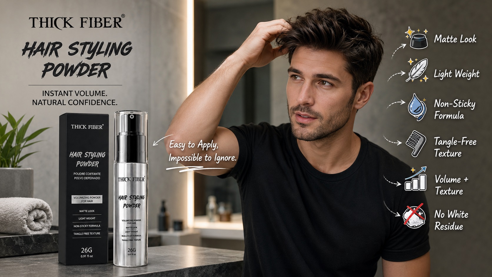 THICK FIBER Hair Styling Powder promotional image featuring a silver styling powder bottle and black package on a modern bathroom counter. A man styles his hair while feature icons highlight matte finish, lightweight formula, non-sticky texture, tangle-free styling, enhanced volume, and no white residue.