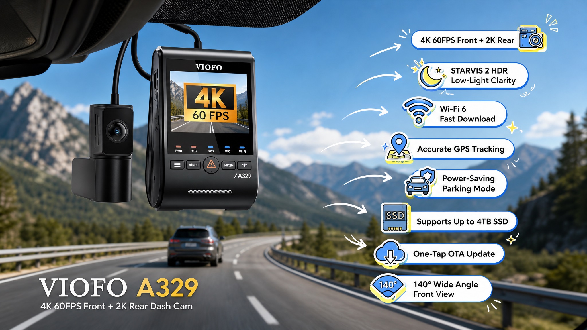 VIOFO A329 4K 60FPS front and rear dash cam promotional image showing 4K front and 2K rear recording, STARVIS 2 HDR low-light clarity, Wi-Fi 6 fast download, accurate GPS tracking, power-saving parking mode, support for up to 4TB SSD storage, and OTA updates. The dash cam is shown in a vehicle driving through a scenic mountain road.