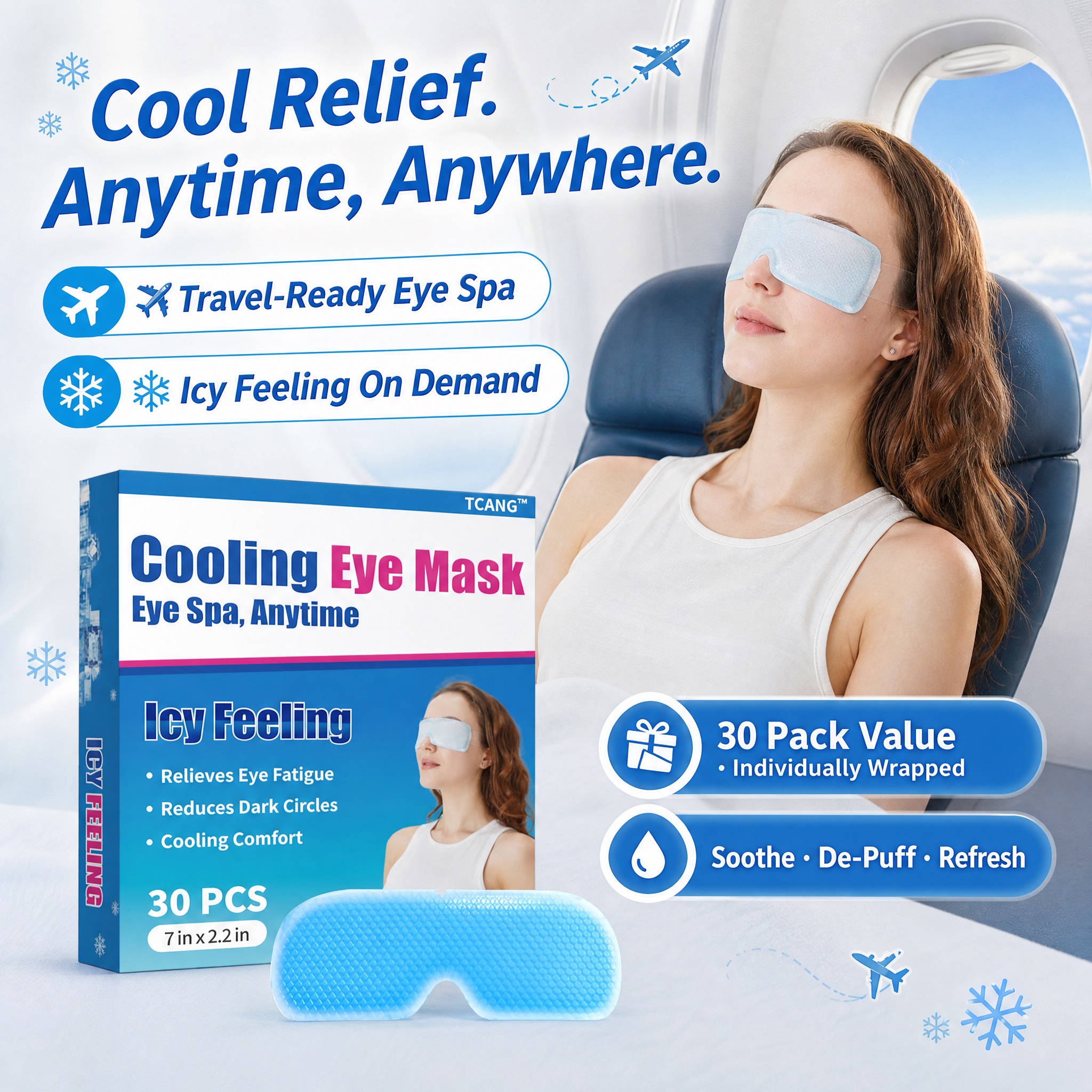 TCANG cooling eye mask travel scene featuring a woman relaxing on an airplane while wearing a cooling eye patch. The image highlights portable eye care, instant icy sensation, travel-friendly design, and individually packaged convenience.