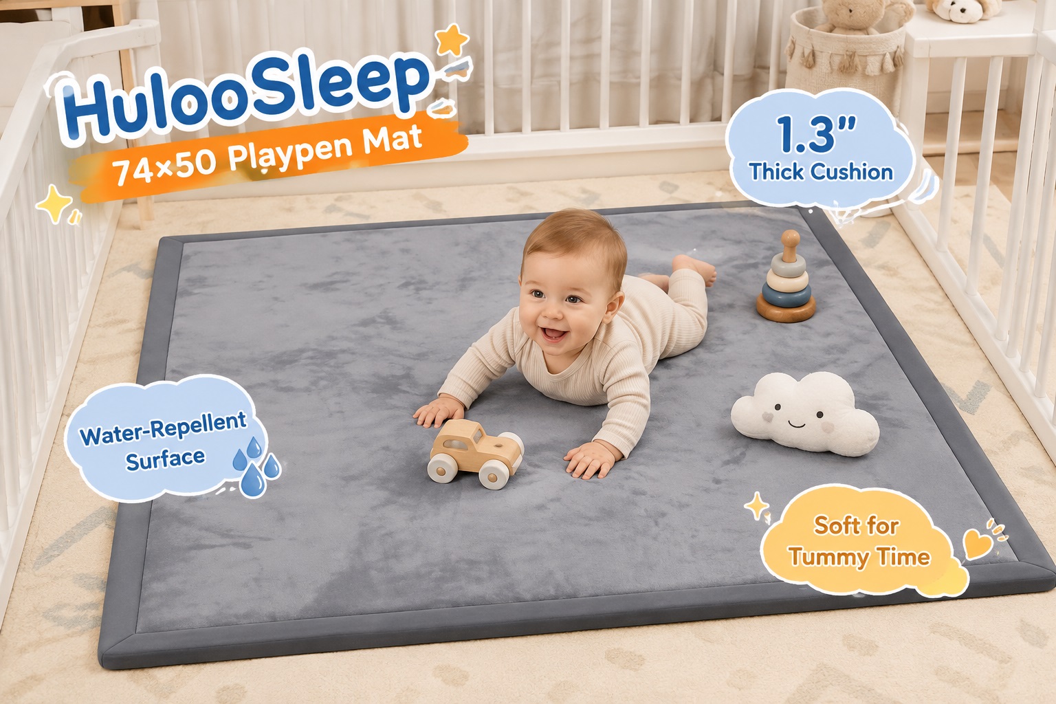A baby enjoying tummy time on a HulooSleep 74x50 playpen mat inside a white playpen. Icons indicate a 1.3-inch thick cushion, a water-repellent surface, and softness ideal for tummy time.