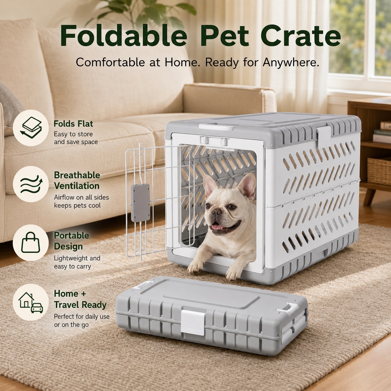 Gardner Pet foldable pet crate featured in a warm indoor living room. A small dog rests inside the ventilated carrier while the folded crate base is displayed in front, highlighting portable storage, airflow design, and travel convenience.