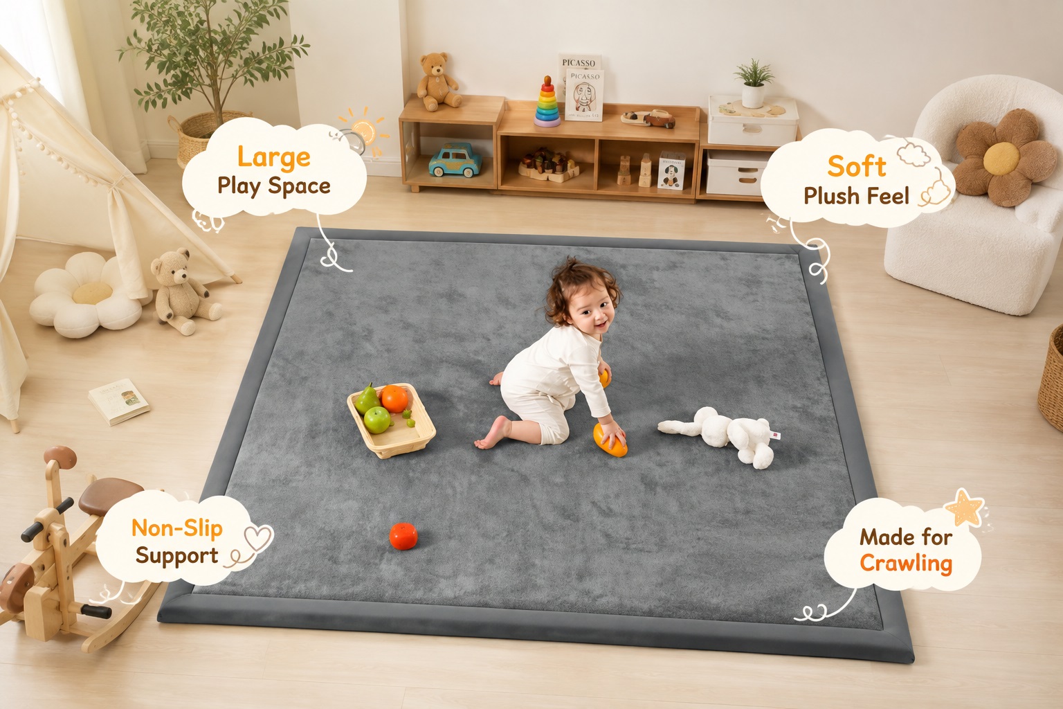 PaPaMat large gray plush play mat in a modern playroom with a toddler crawling and playing. The spacious mat highlights a soft plush feel, non-slip support, and a comfortable surface designed for crawling.