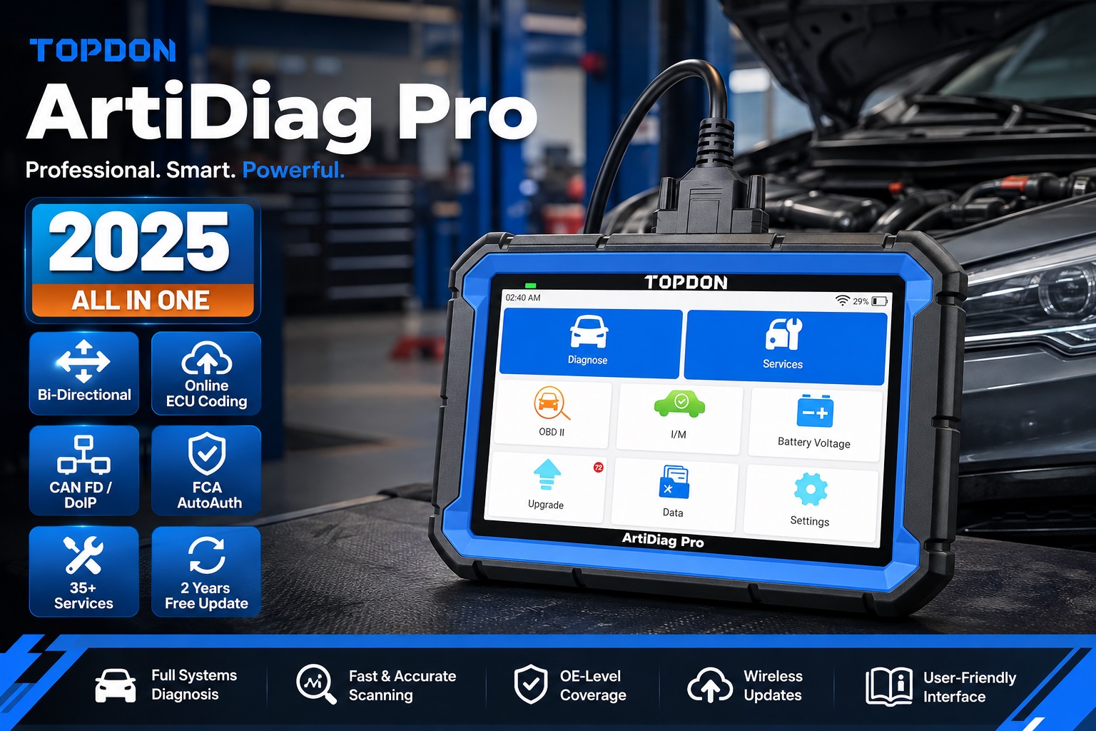 TOPDON ArtiDiag Pro diagnostic tablet displayed in a professional auto repair shop beside an open-hood vehicle, highlighting bi-directional control, online ECU coding, CAN FD/DoIP, FCA AutoAuth and 35+ services.