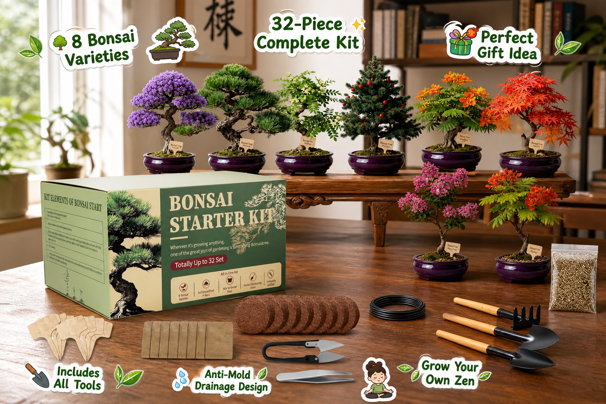 Bonsai starter kit displayed with colorful miniature bonsai trees, planting tools, soil discs, labels, wire and seeds, highlighting eight bonsai varieties, a 32-piece kit, drainage features and gift-ready gardening supplies.