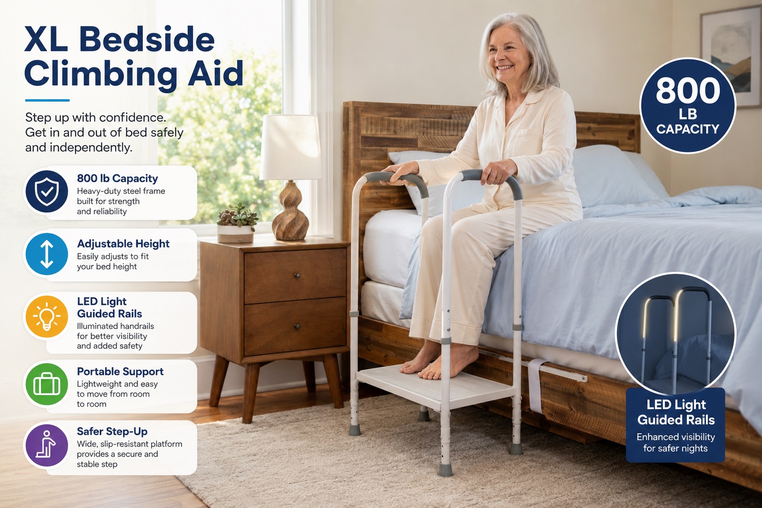 A split bedroom-and-bathroom promotional image shows older women using a mini step stool with blue platform and handrails. Features include adjustable height, bed and bathtub use, portability, and 300 lb capacity.