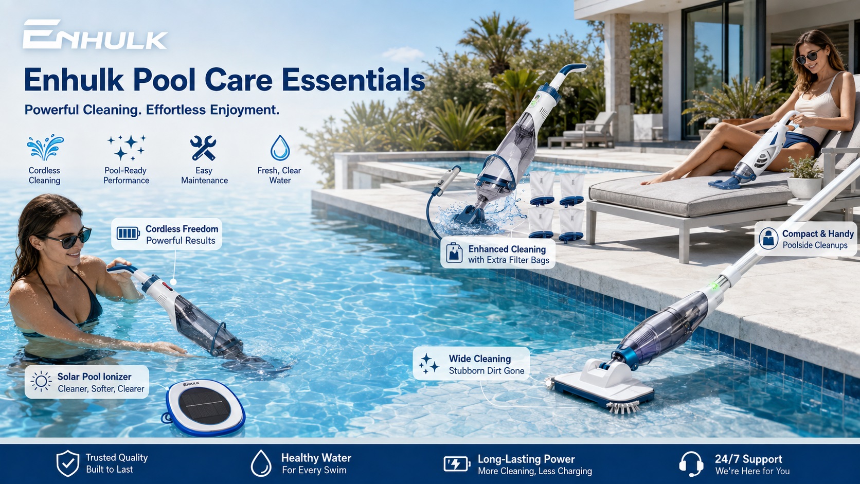 ENHULK pool care essentials banner showing handheld pool vacuums, solar pool ionizer, and replacement filter bags used around a luxury pool.