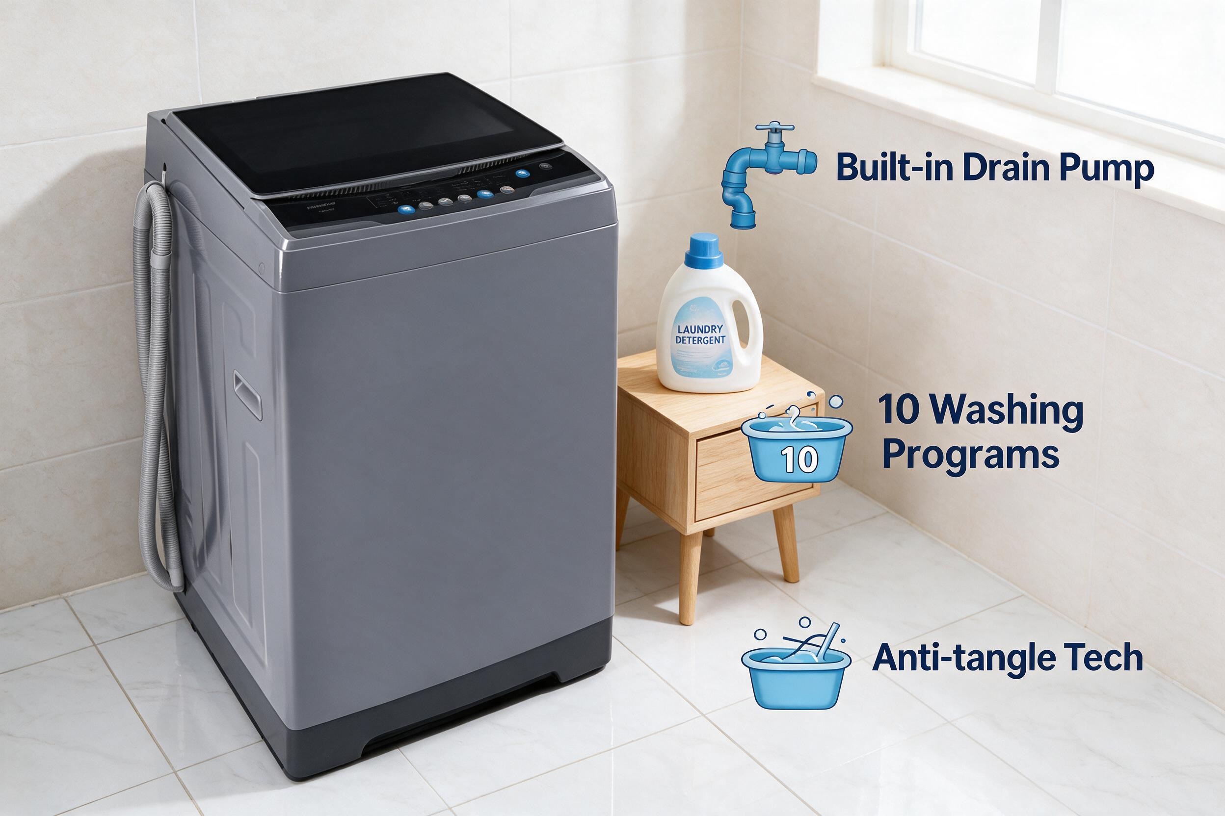 A grey washing machine positioned in a tiled bathroom or laundry area next to a bottle of laundry detergent, illustrating its built-in drain pump, 10 washing programs, and anti-tangle technology.
