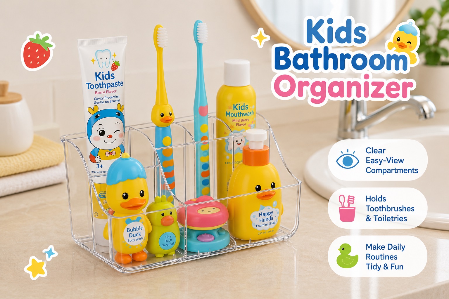 Sotfamily kids bathroom organizer with clear multi-compartment storage holding toothpaste, toothbrushes, mouthwash, and toiletries. A cute and practical bathroom organization solution for children's daily routines.