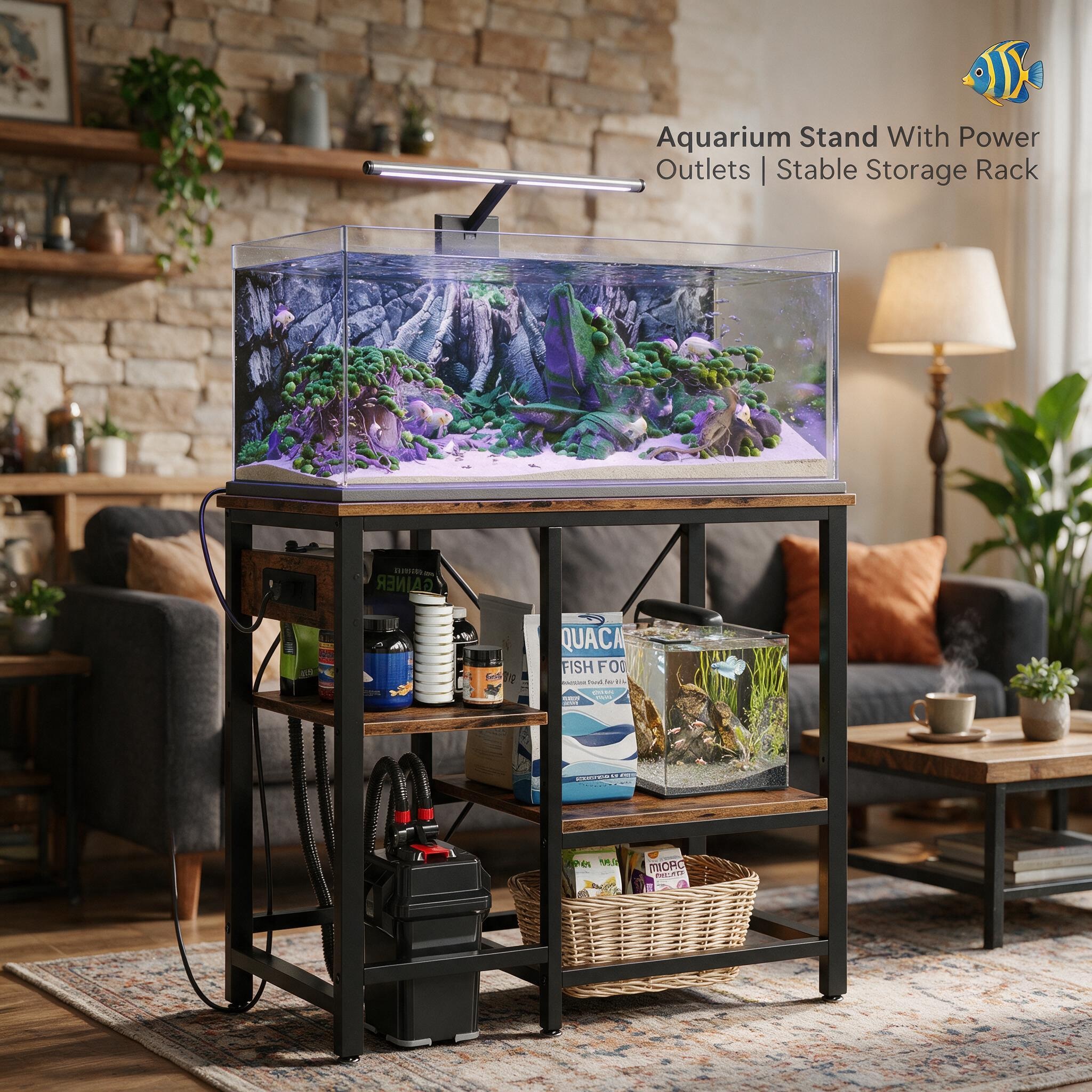 Bestier aquarium stand with power outlets and multi-tier storage shelves, featuring an industrial-style steel frame supporting a fish tank while organizing filters, accessories, and aquarium supplies in a living room.