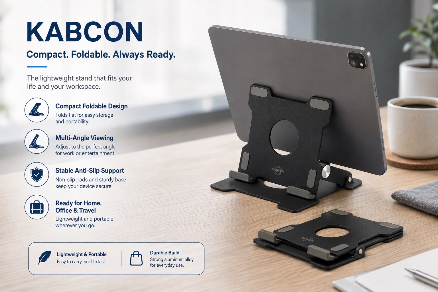 KABCON compact foldable tablet stand with a black aluminum alloy design. The portable stand folds flat for easy storage, provides multi-angle viewing, anti-slip stability, and supports home, office, and travel use.