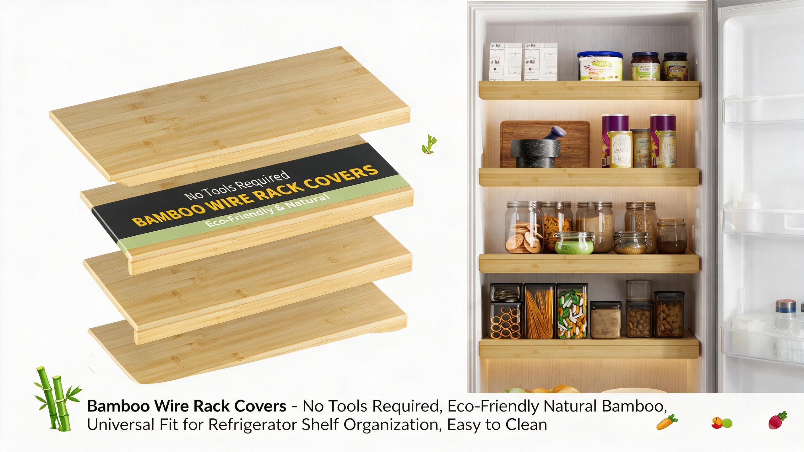 Natural bamboo wire shelf covers displayed in a kitchen storage setting, transforming open wire racks into smooth flat surfaces. Bamboo panels create a warm, organized look for pantry, refrigerator, closet, and kitchen shelving.