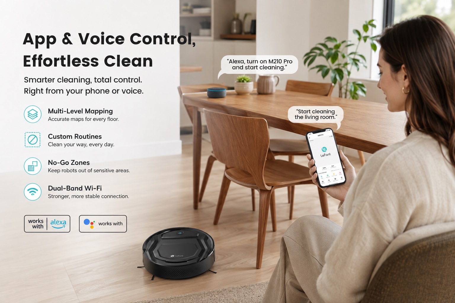 Lefant black robot vacuum operating in a modern dining room setting while a user controls it through a smartphone. The image showcases voice control, multi-level mapping, custom cleaning routines, and dual-band Wi-Fi connectivity.