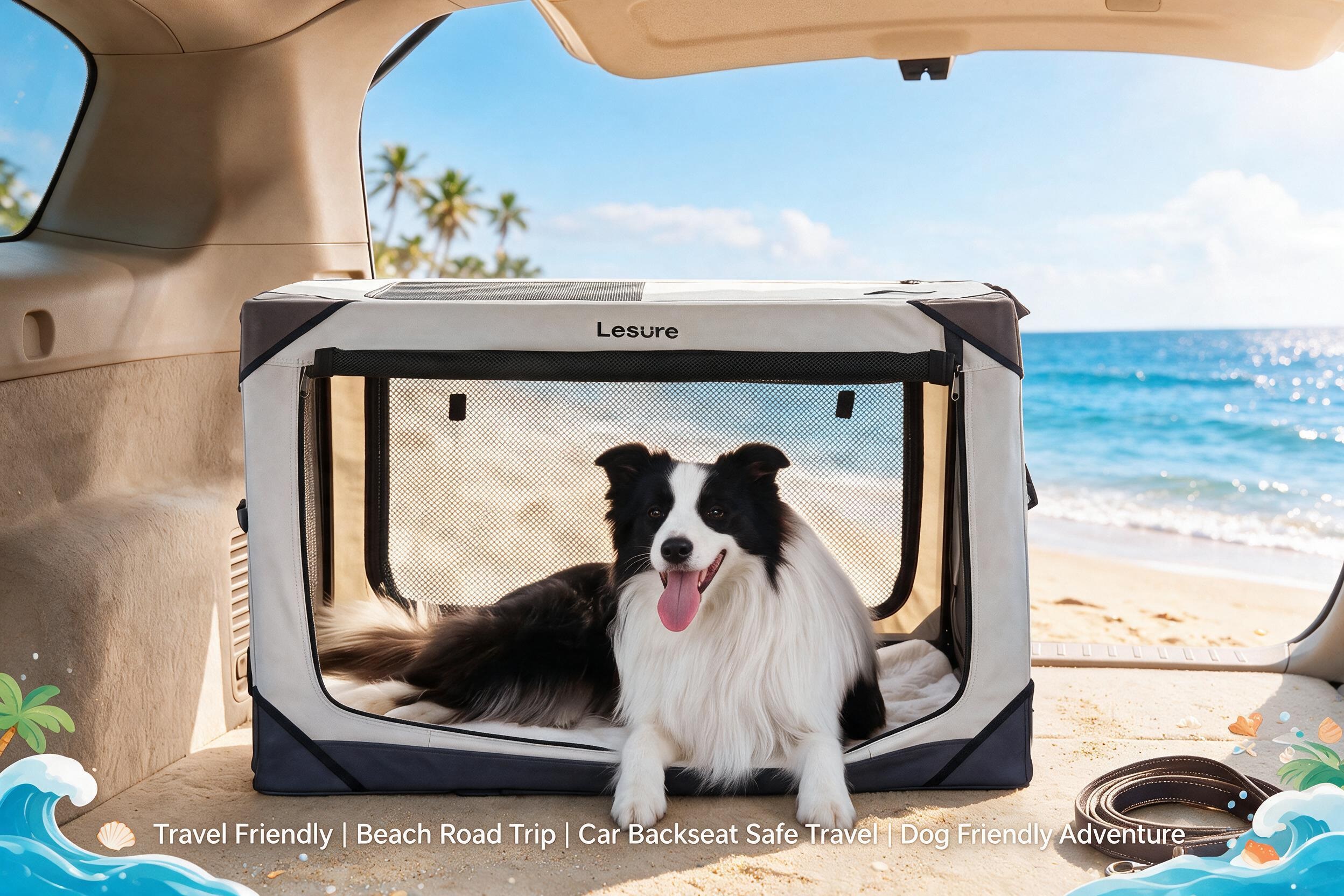 Lesure white and gray soft-sided pet travel crate set up inside a vehicle near the beach, featuring a border collie relaxing inside, highlighting safe road trips, portable travel convenience, and outdoor adventure readiness.