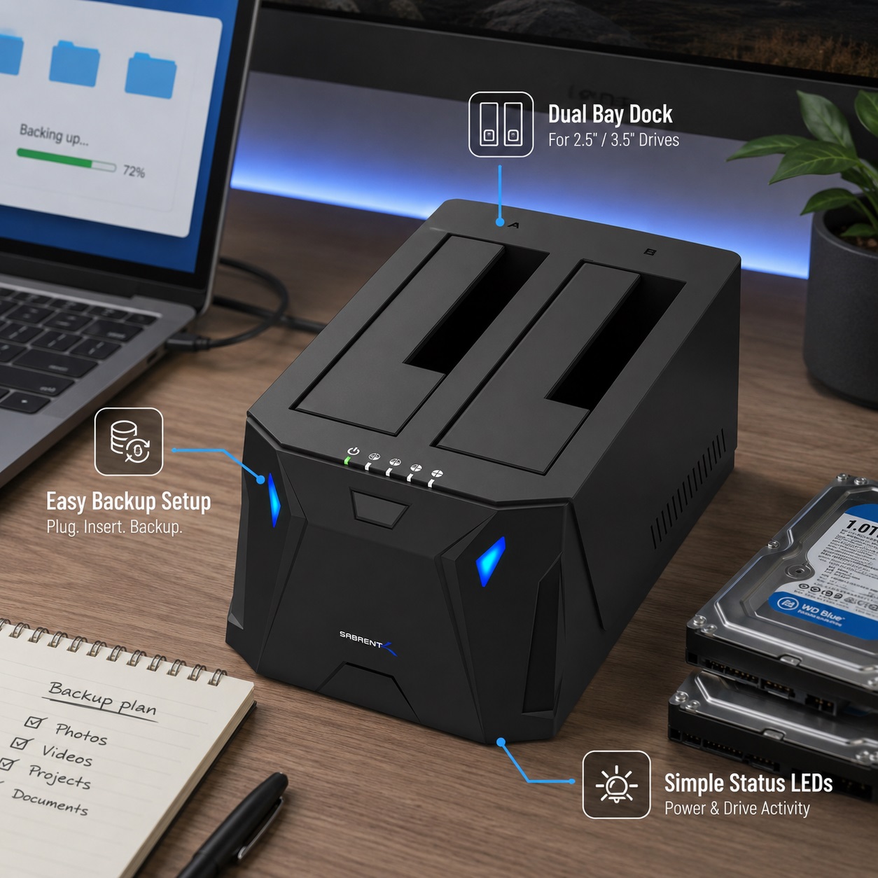 SABRENT dual bay hard drive docking station on a workstation desk, designed for 2.5-inch and 3.5-inch drives with easy backup, cloning, and external storage management.