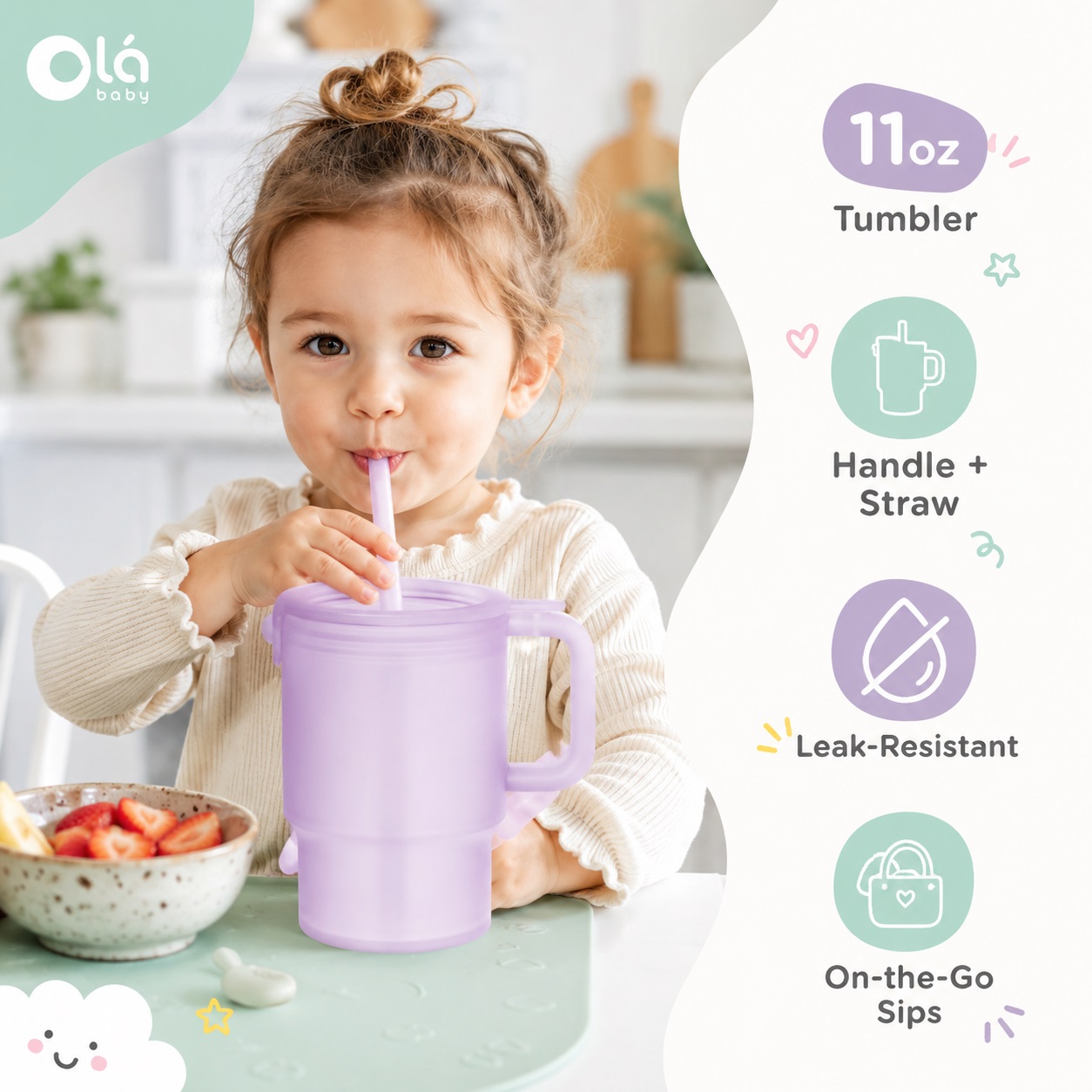 Toddler drinking from an Olababy 11oz silicone tumbler with handle and straw, highlighting the pastel purple cup design, leak-resistant feature, easy grip handle, and on-the-go hydration solution.