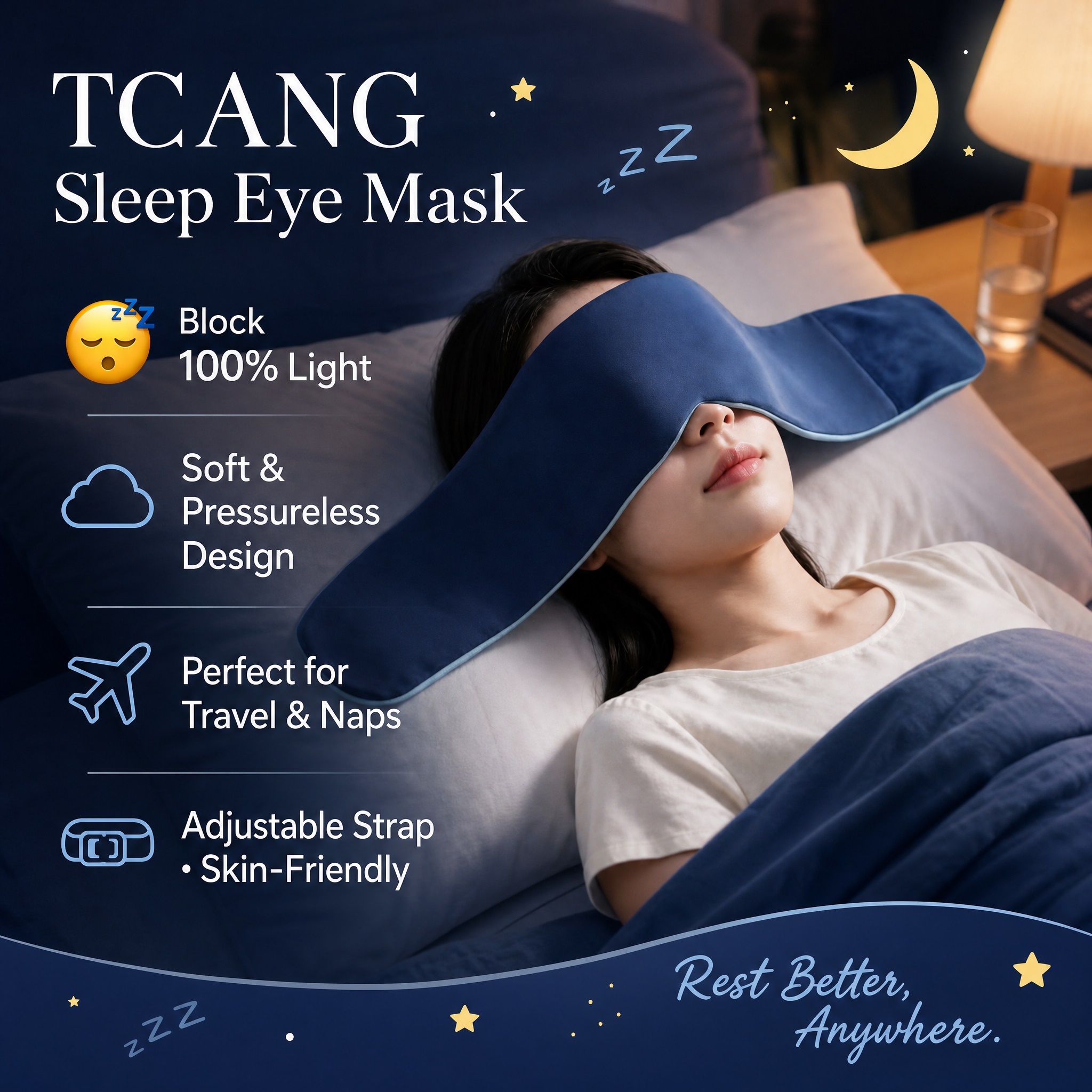 TCANG sleep eye mask product image showing a woman resting in bed while wearing a dark blue sleep mask. The image highlights 100% light blocking, soft pressureless design, adjustable strap, and suitability for travel and naps.