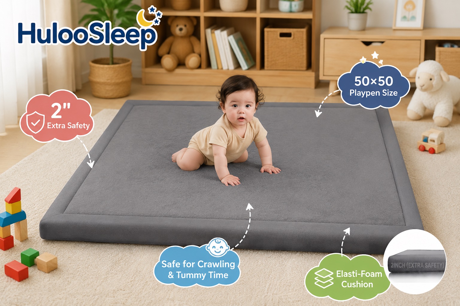 A baby crawling on a thick HulooSleep 50x50 playpen mat. The image details 2 inches of extra safety padding, elasti-foam cushion, and states it is safe for crawling and tummy time.