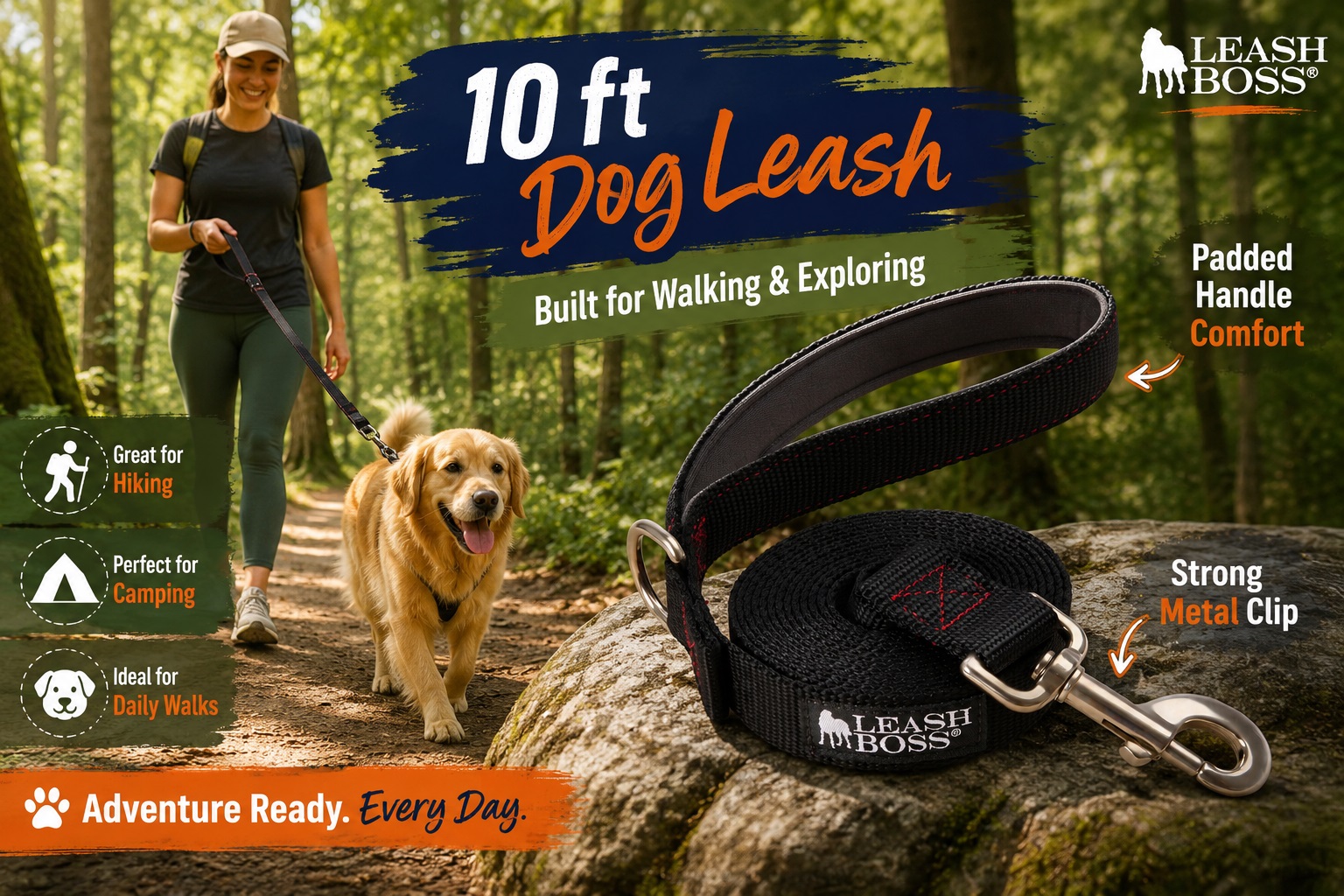 Leash Boss 10 ft black dog leash with padded handle and metal clip shown beside a woman walking a Golden Retriever on a wooded trail. Designed for daily walks, hiking, camping, and outdoor exploring.