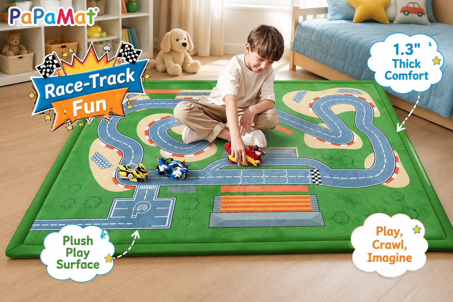 PaPaMat colorful race-track play mat with a child playing with toy cars in a bright bedroom. The cushioned mat features a 1.3-inch thick plush surface designed for crawling, imaginative play, and racing games.