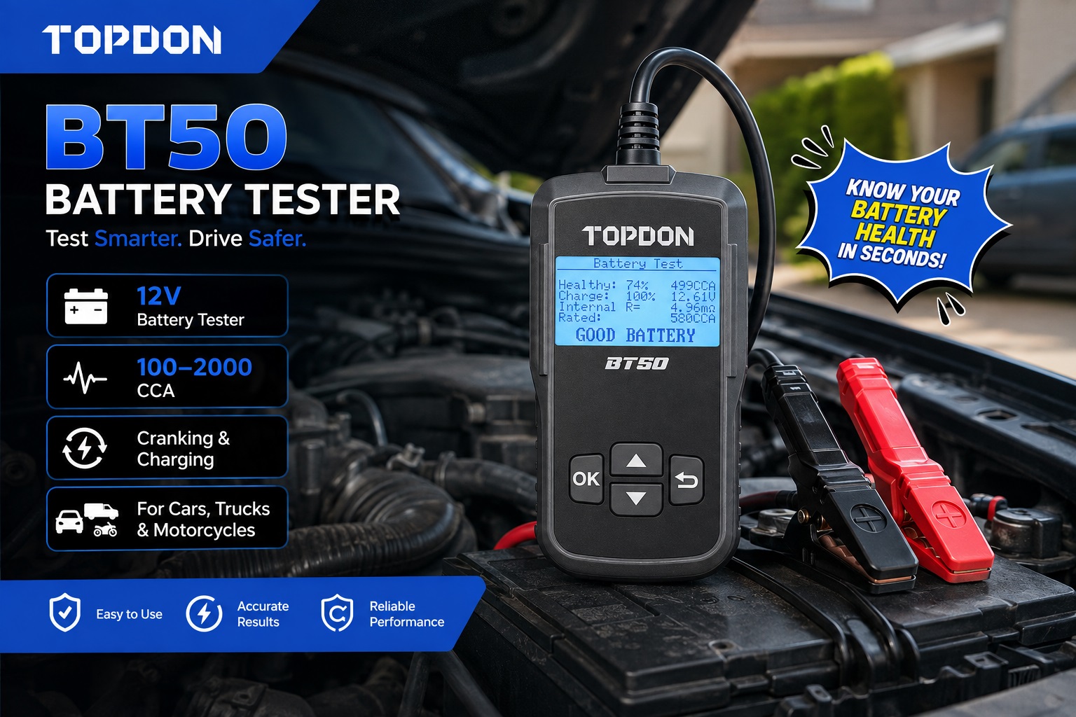 TOPDON BT50 12V car battery tester with red and black clamps positioned on a vehicle battery under an open hood, highlighting 100–2000 CCA testing, battery health, cranking and charging analysis.