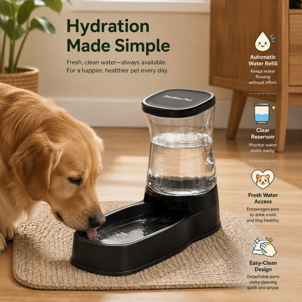Gardner Pet automatic water dispenser shown with a golden retriever drinking fresh water at home. The lifestyle image highlights automatic refill, clear water reservoir, easy cleaning, and convenient hydration for pets.
